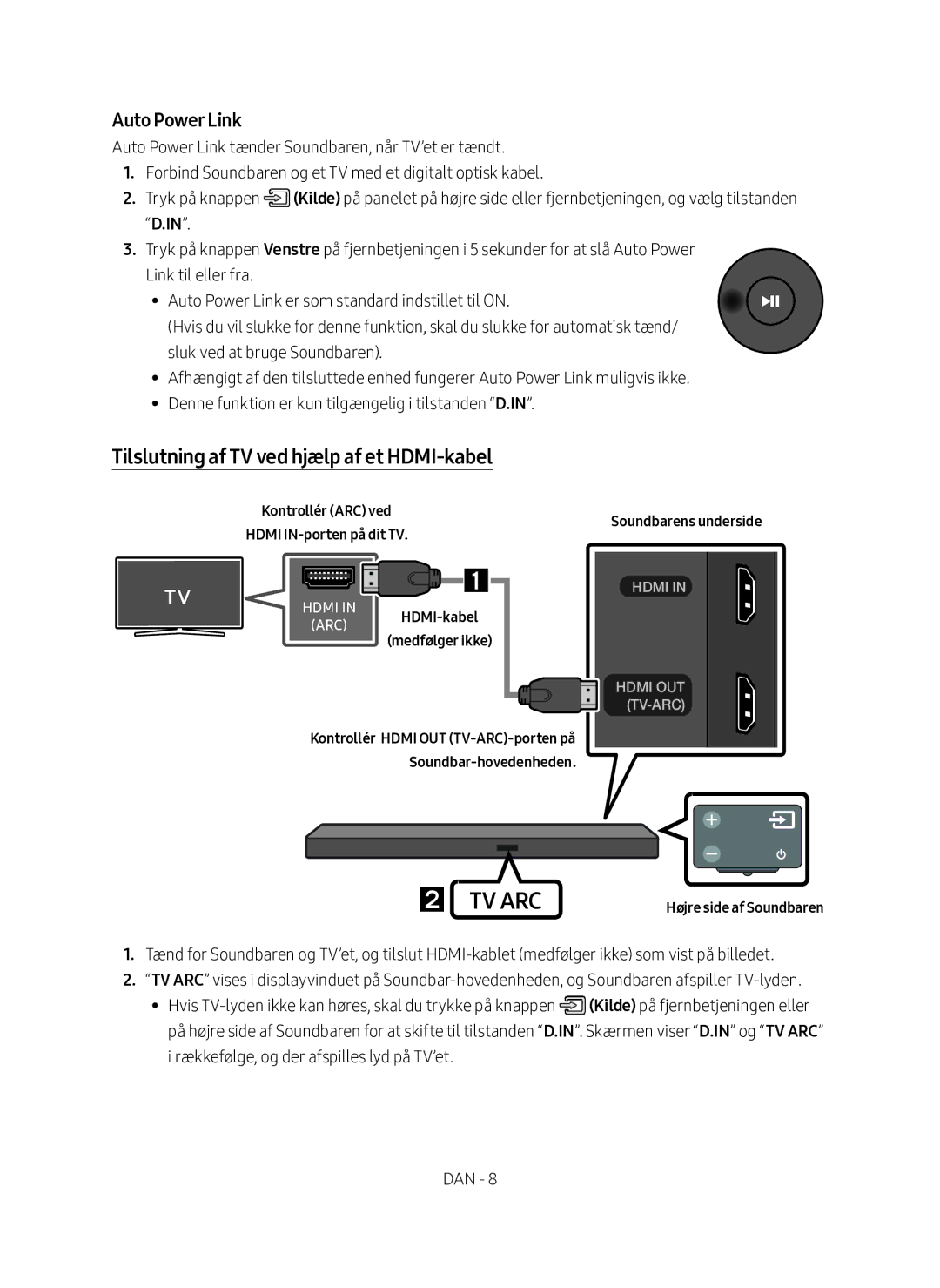 Samsung HW-M560/XE manual Tilslutning af TV ved hjælp af et HDMI-kabel, Kontrollér ARC ved Hdmi IN-porten på dit TV 