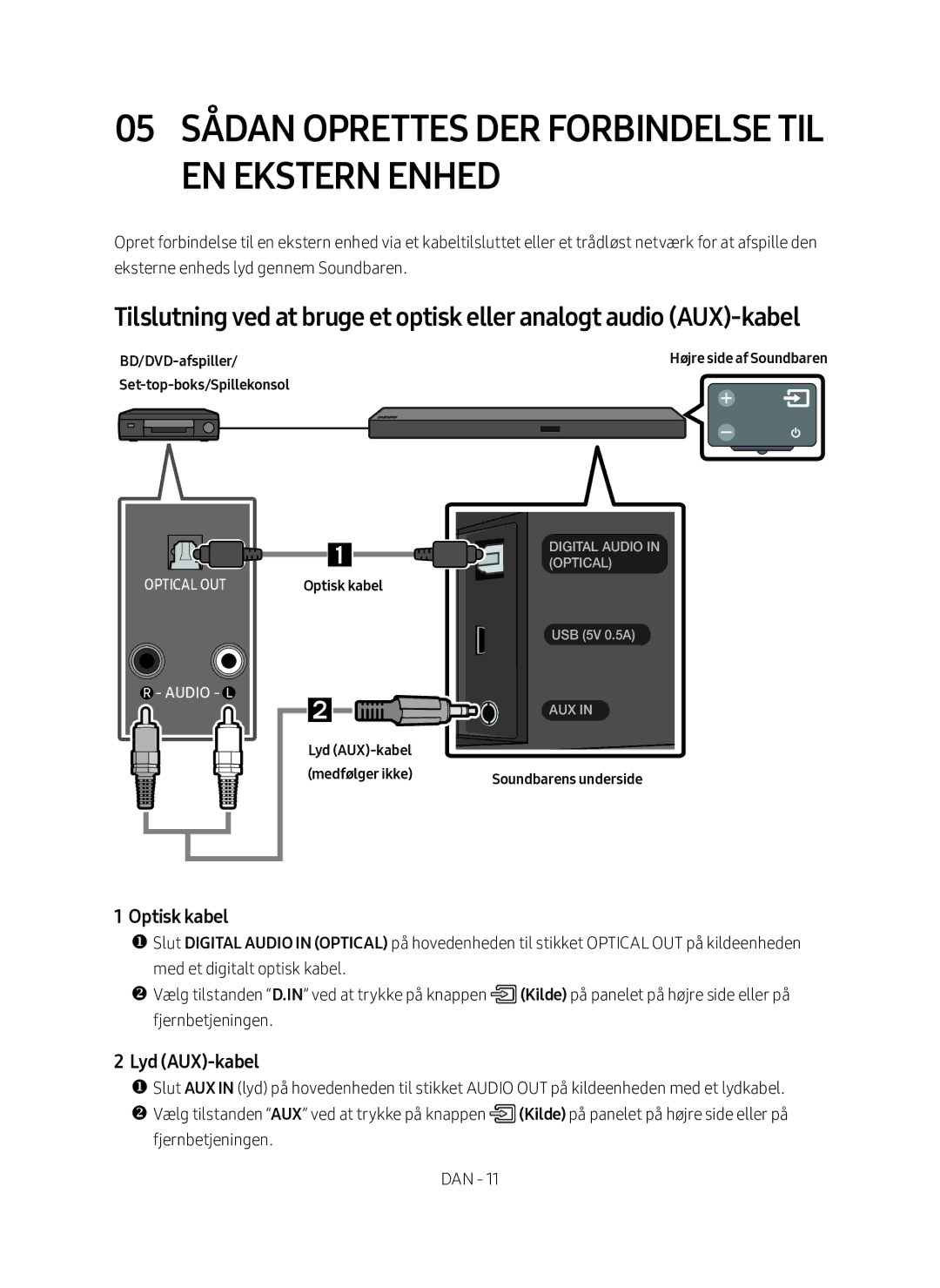 Samsung HW-M560/XE manual 05 Sådan oprettes der forbindelse til en ekstern enhed, Optisk kabel, Lyd AUX-kabel 