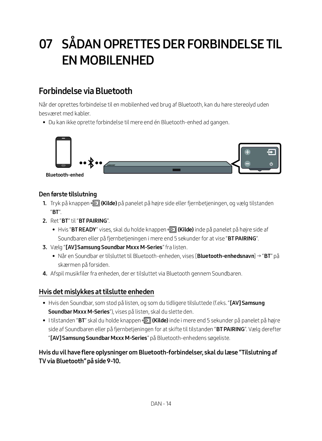 Samsung HW-M560/XE manual 07 Sådan oprettes der forbindelse til en mobilenhed, Forbindelse via Bluetooth, Bluetooth-enhed 