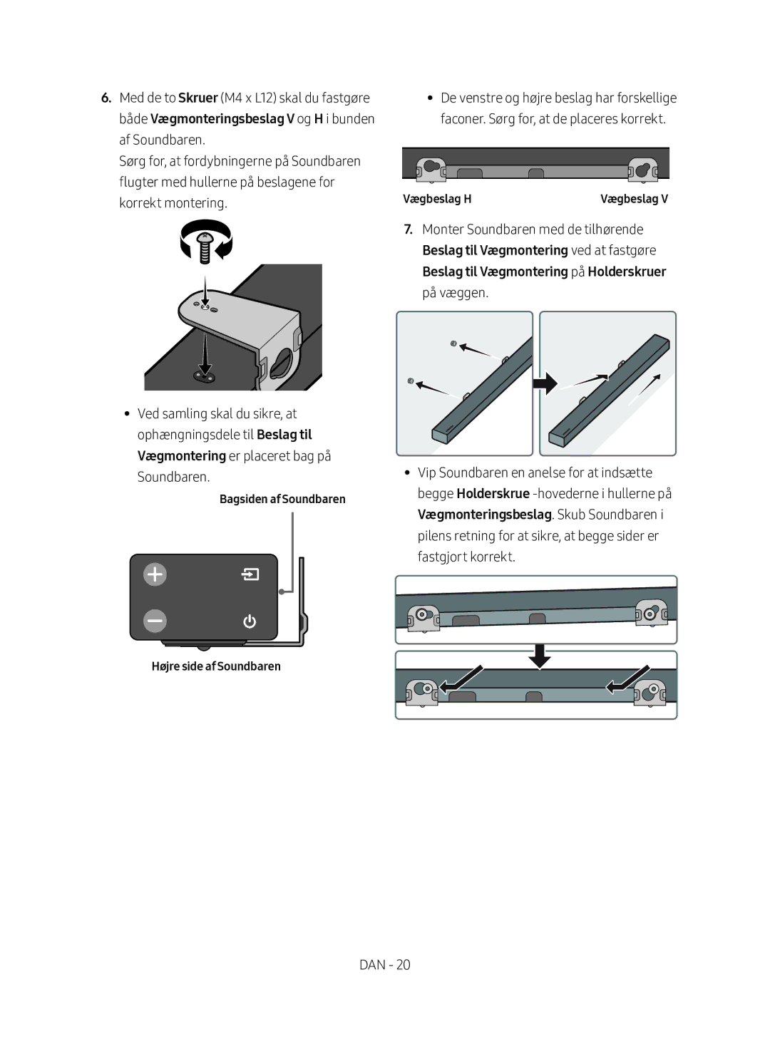 Samsung HW-M560/XE manual Bagsiden af Soundbaren Højre side af Soundbaren, Vægbeslag H 