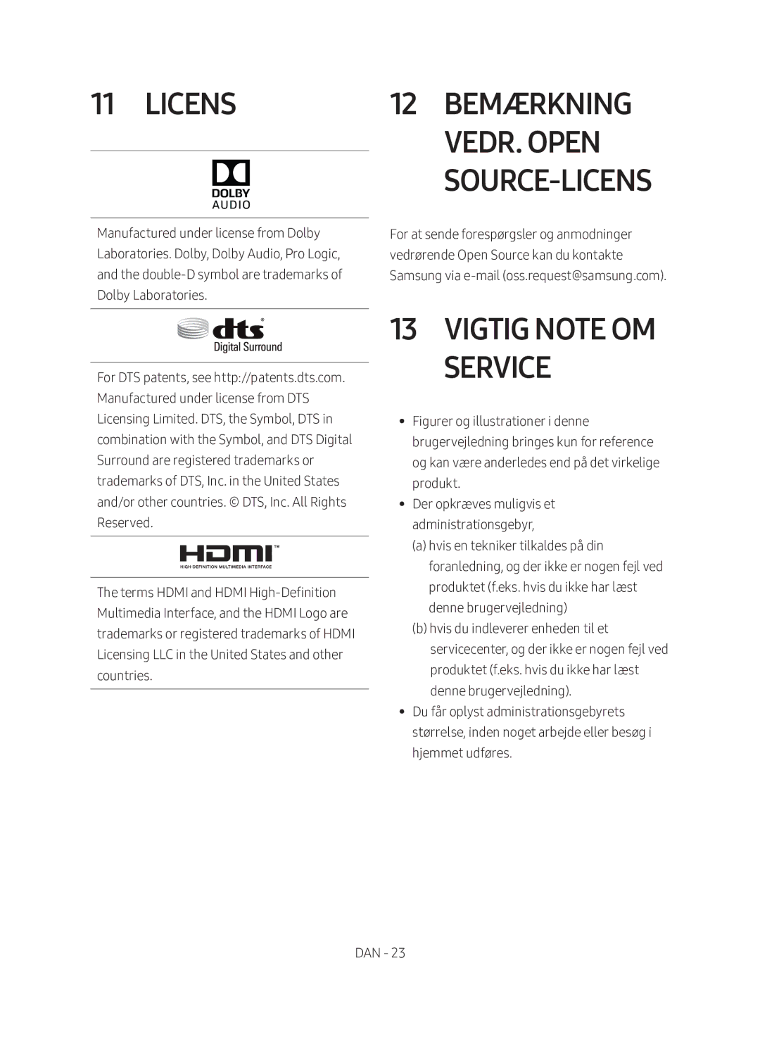 Samsung HW-M560/XE manual Licens, 12 Bemærkning vedr. Open Source-licens, Vigtig note om service 