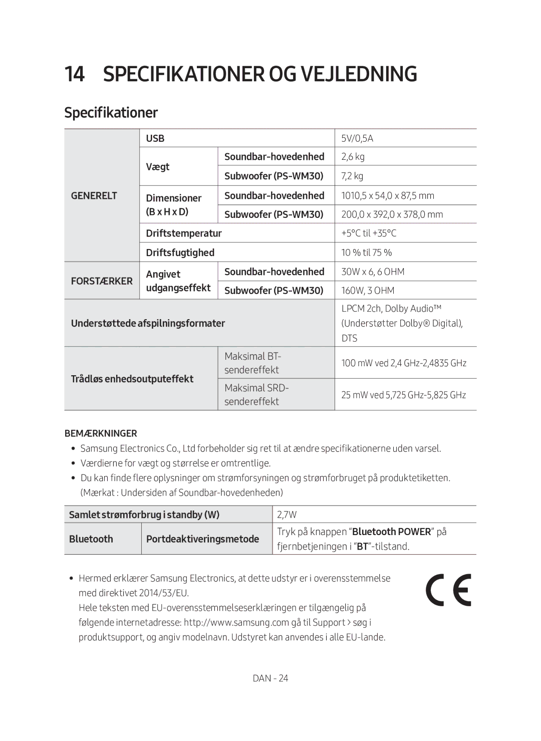 Samsung HW-M560/XE manual Specifikationer og vejledning 