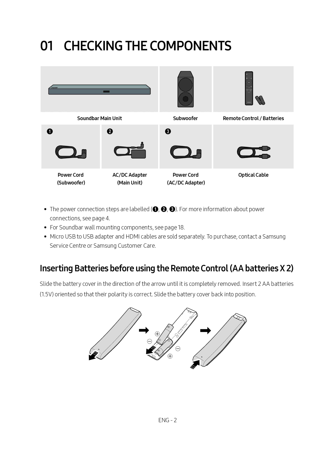 Samsung HW-M560/XE manual Checking the Components, Soundbar Main Unit Power Cord, Subwoofer 