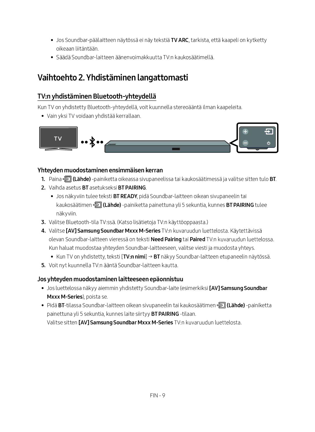 Samsung HW-M560/XE manual Vaihtoehto 2. Yhdistäminen langattomasti, TVn yhdistäminen Bluetooth-yhteydellä 