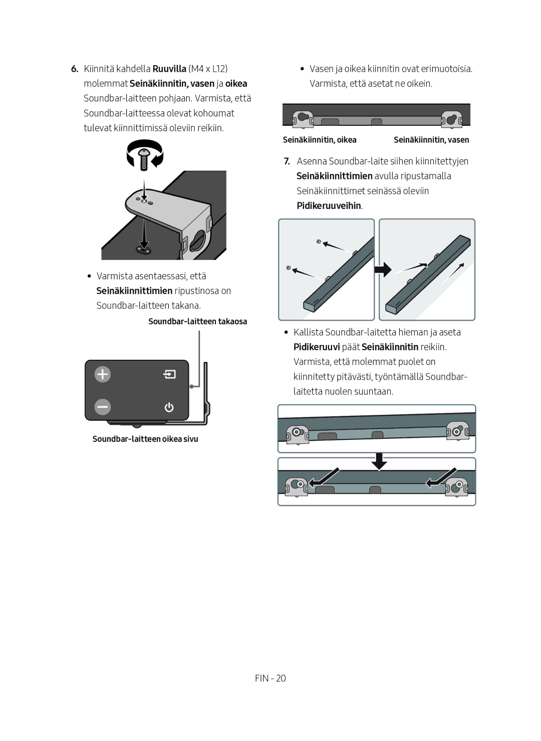 Samsung HW-M560/XE manual Soundbar-laitteen takaosa Soundbar-laitteen oikea sivu, Seinäkiinnitin, oikea 