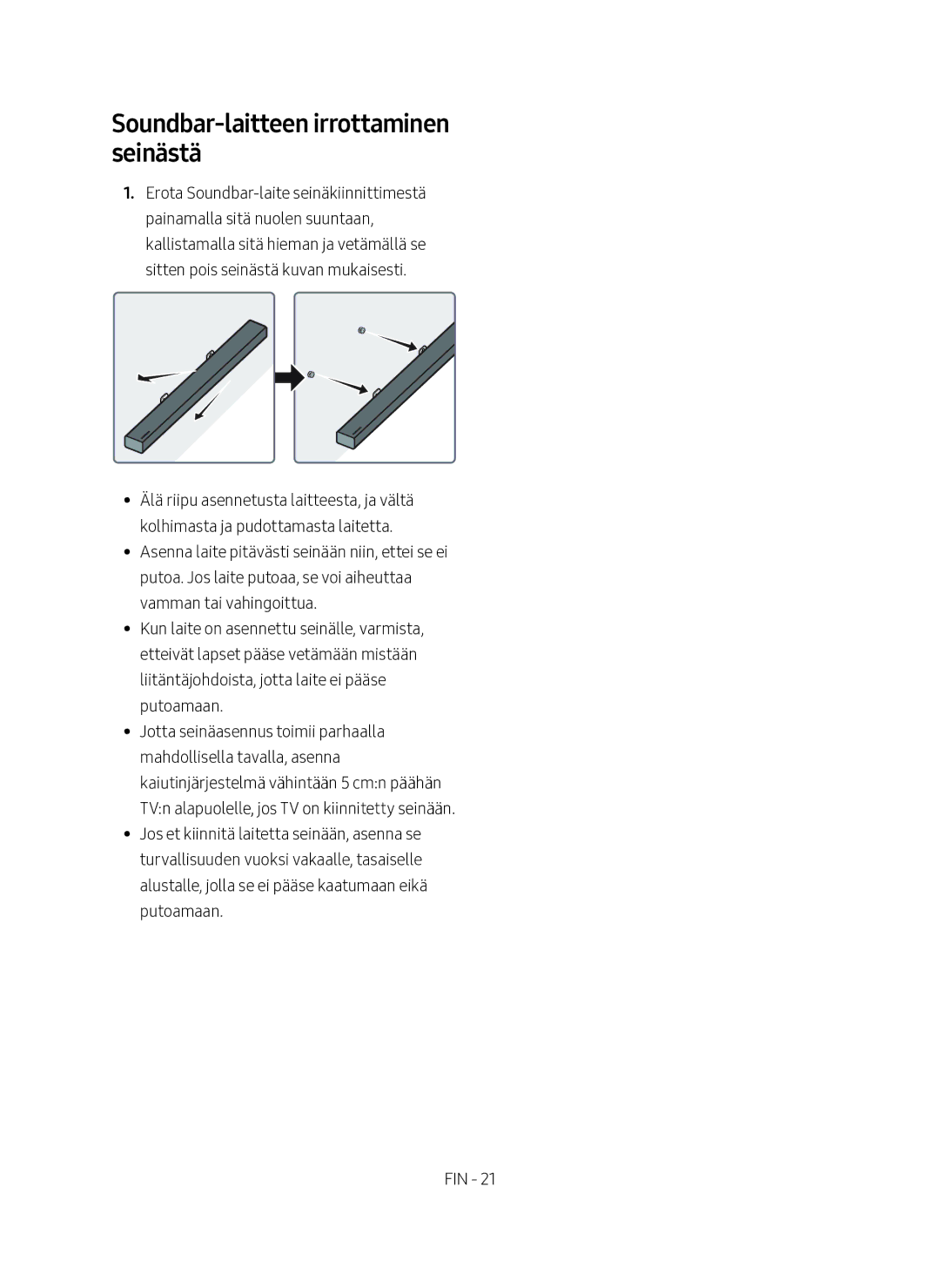 Samsung HW-M560/XE manual Soundbar-laitteen irrottaminen seinästä 