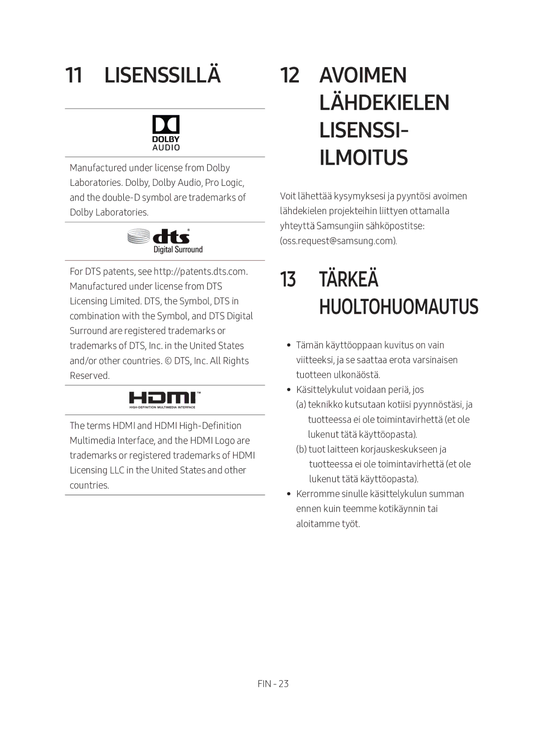 Samsung HW-M560/XE manual Lisenssillä, Avoimen lähdekielen lisenssi- ilmoitus 