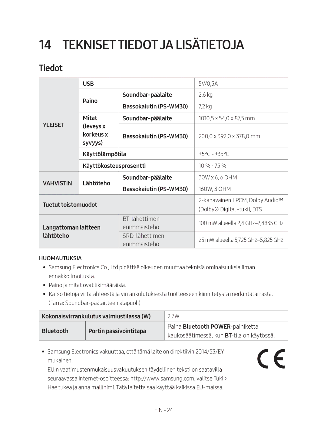 Samsung HW-M560/XE manual Tekniset tiedot ja lisätietoja, Tiedot 