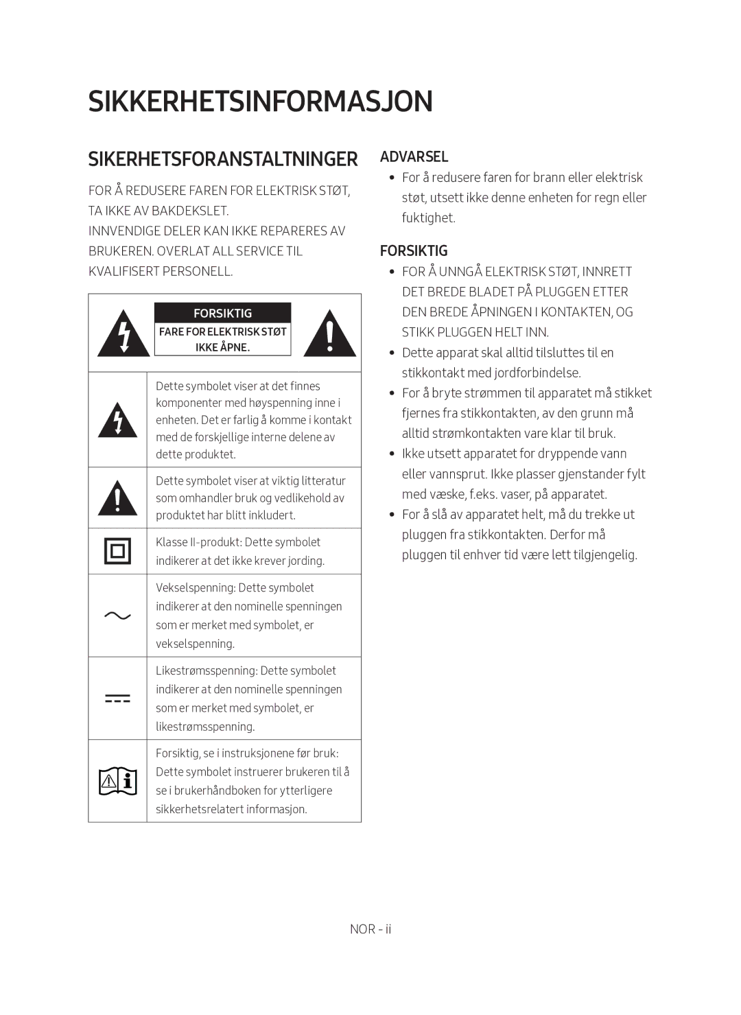 Samsung HW-M560/XE manual Sikkerhetsinformasjon, Sikerhetsforanstaltninger 