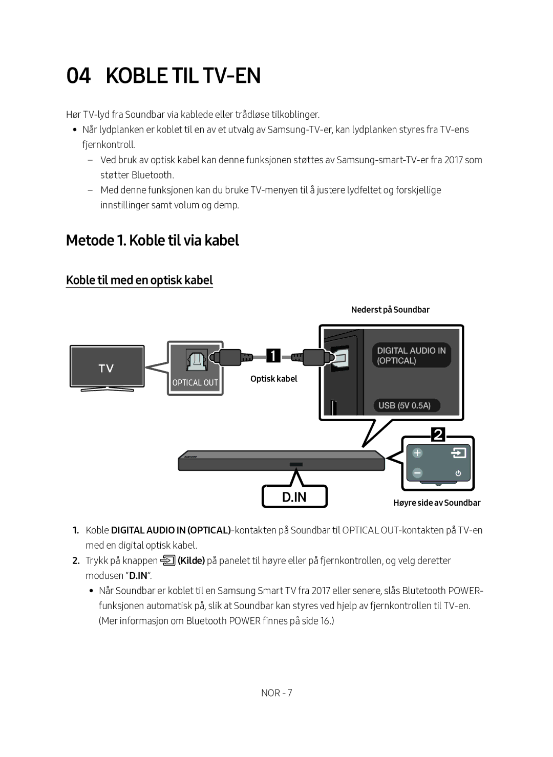 Samsung HW-M560/XE manual Koble til TV-en, Metode 1. Koble til via kabel, Koble til med en optisk kabel 