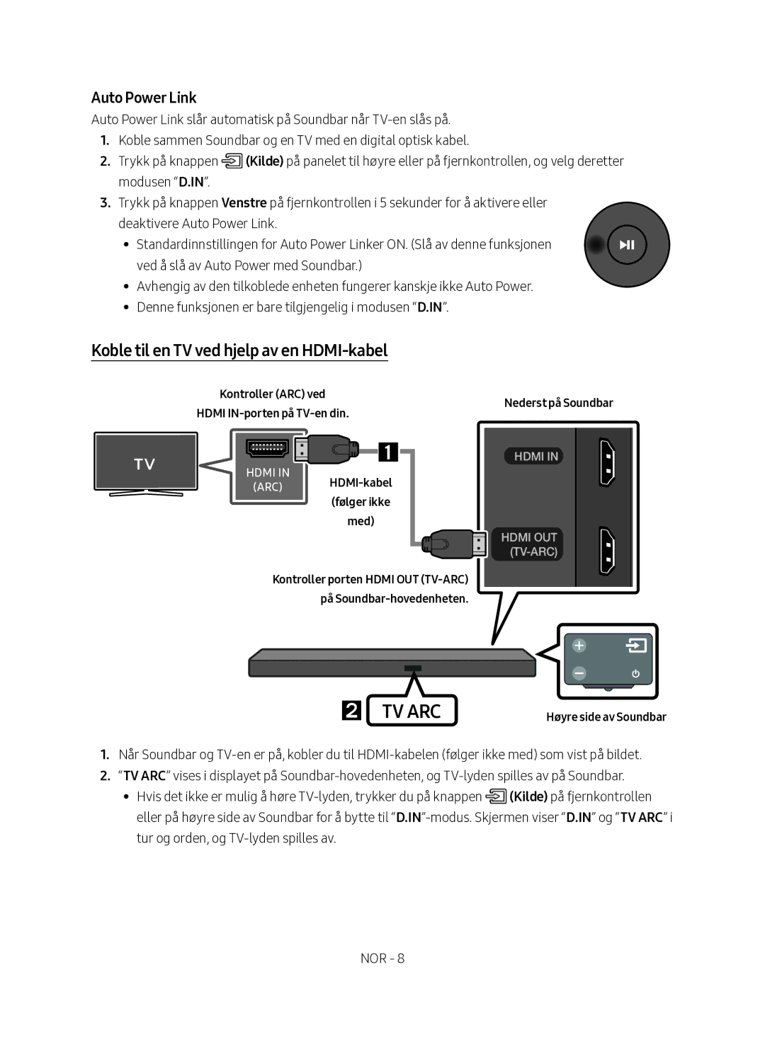 Samsung HW-M560/XE manual Koble til en TV ved hjelp av en HDMI-kabel, Kontroller ARC ved Hdmi IN-porten på TV-en din 