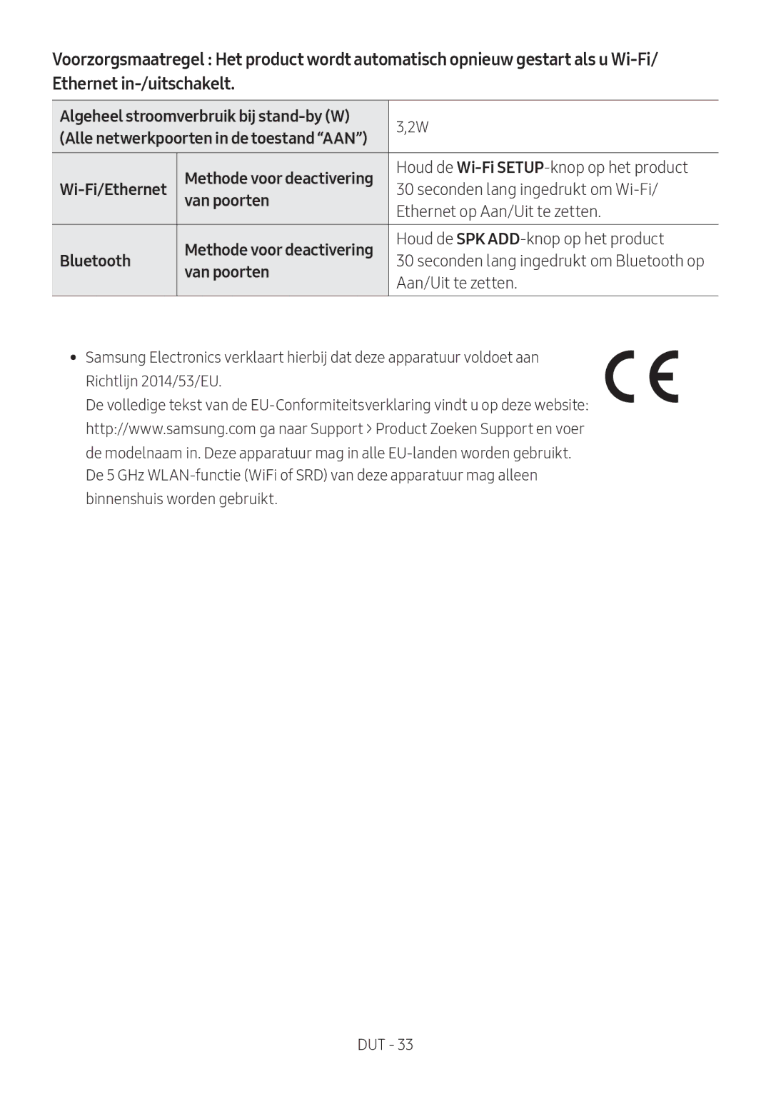 Samsung HW-MS550/XN Algeheel stroomverbruik bij stand-by W, Houd de Wi-FiSETUP-knop op het product, Aan/Uit te zetten 