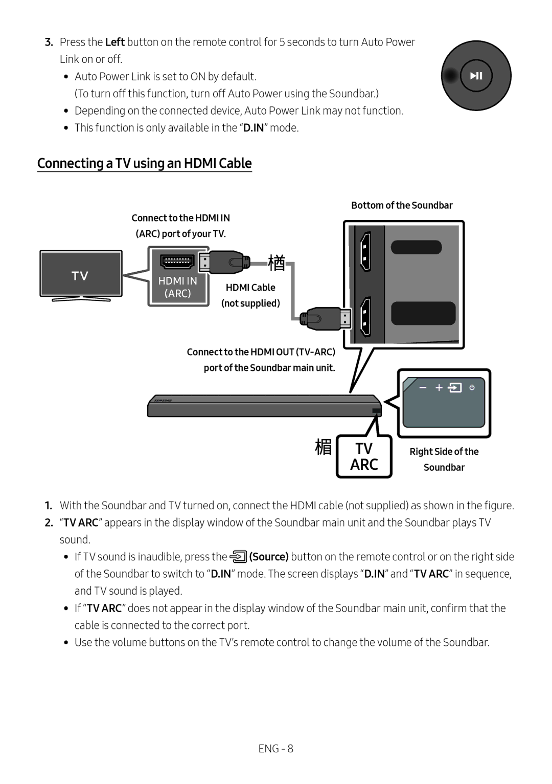 Samsung HW-MS550/EN, HW-MS550/XN manual Connecting a TV using an Hdmi Cable, Right Side Soundbar 