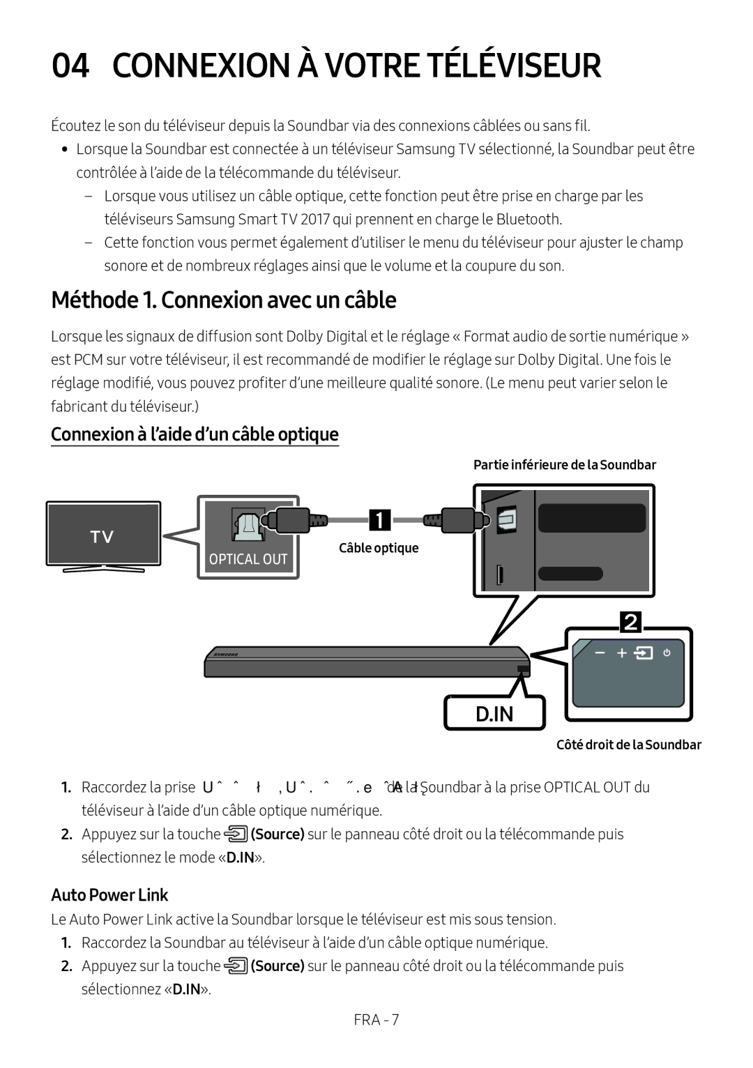 Samsung HW-MS550/EN, HW-MS550/XN manual Connexion À Votre Téléviseur, Méthode 1. Connexion avec un câble, Câble optique 