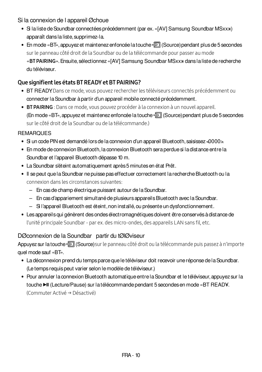 Samsung HW-MS550/XN, HW-MS550/EN Si la connexion de l’appareil échoue, Que signifient les états BT Ready et BT PAIRING? 