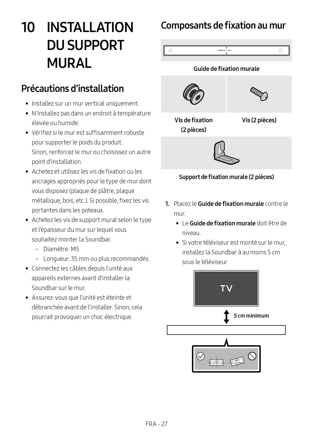 Samsung HW-MS550/EN manual Précautions d’installation, Composants de fixation au mur, Guide de fixation murale, Cm minimum 