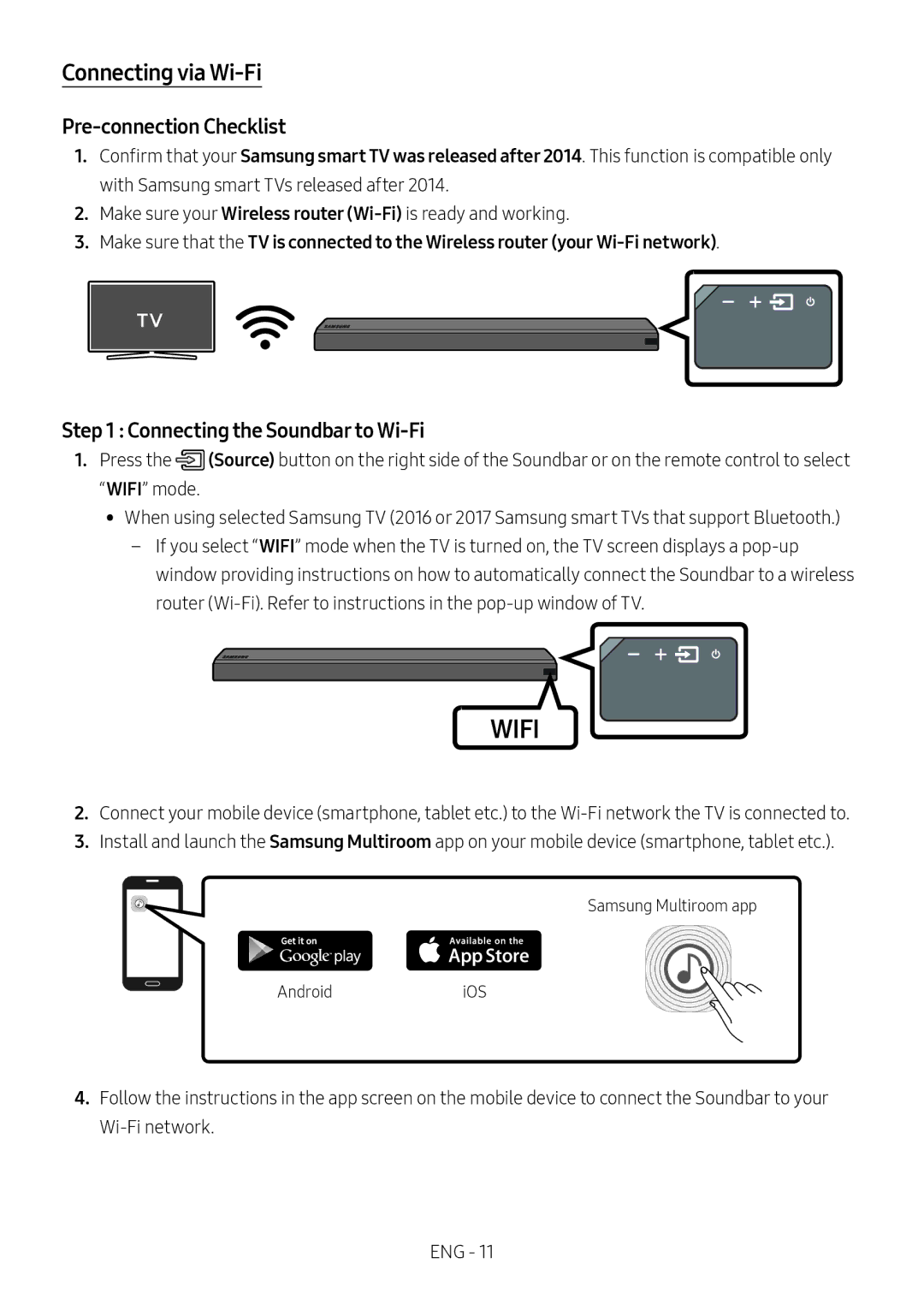 Samsung HW-MS550/XN, HW-MS550/EN manual Connecting via Wi-Fi, Pre-connection Checklist, Connecting the Soundbar to Wi-Fi 