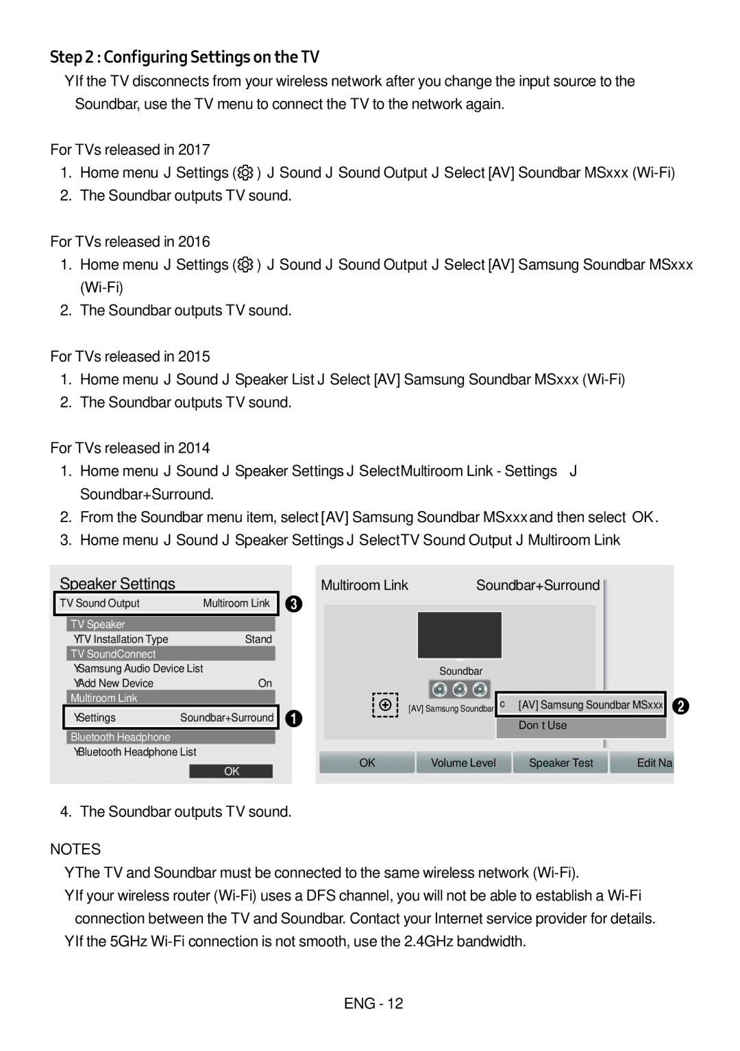 Samsung HW-MS550/EN Configuring Settings on the TV, For TVs released, Soundbar+Surround, Speaker Settings Multiroom Link 