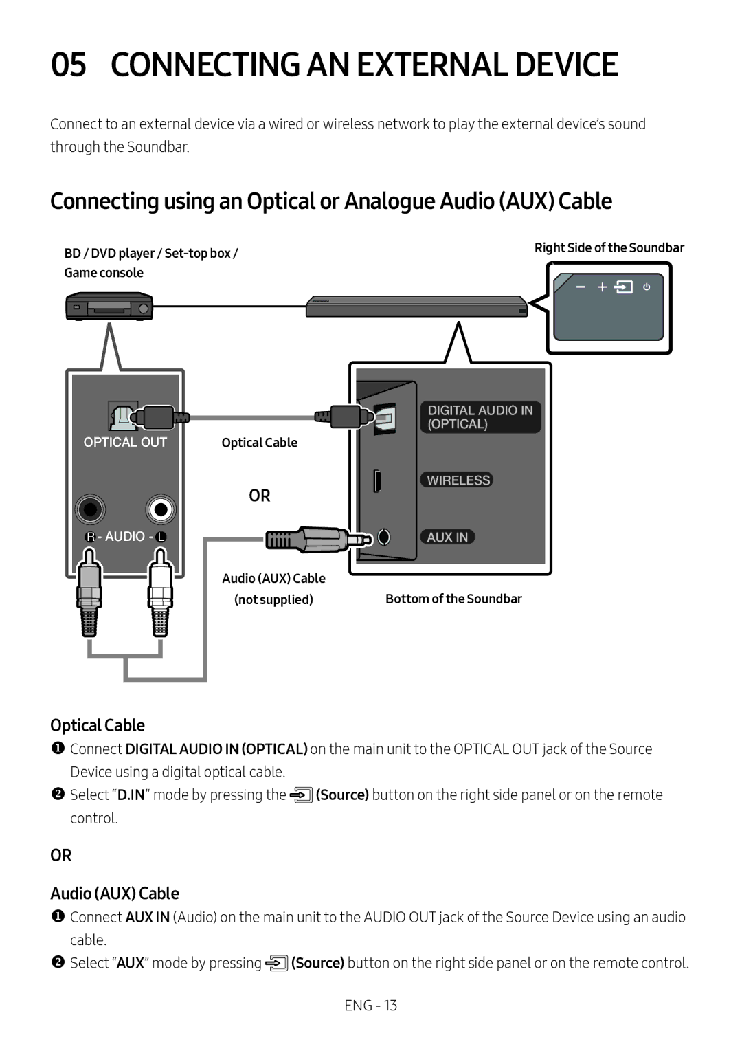 Samsung HW-MS550/XN Connecting AN External Device, Connecting using an Optical or Analogue Audio AUX Cable, Optical Cable 