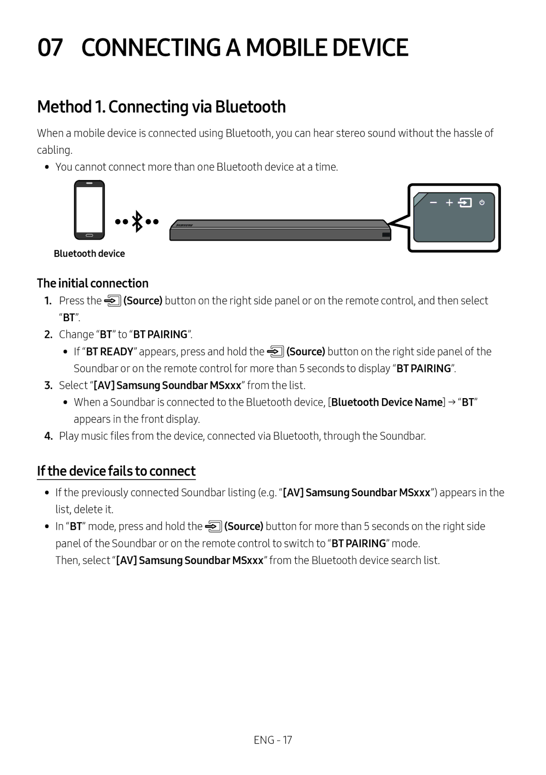 Samsung HW-MS550/XN manual Connecting a Mobile Device, Method 1. Connecting via Bluetooth, If the device fails to connect 