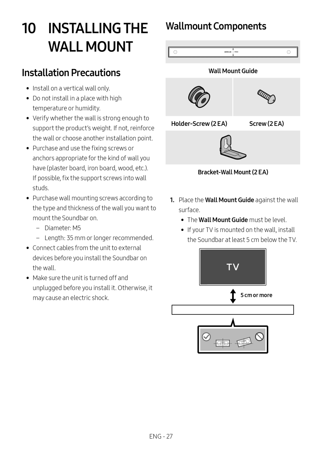 Samsung HW-MS550/XN manual Installation Precautions, Wallmount Components, Wall Mount Guide Holder-Screw 2 EA, Cm or more 