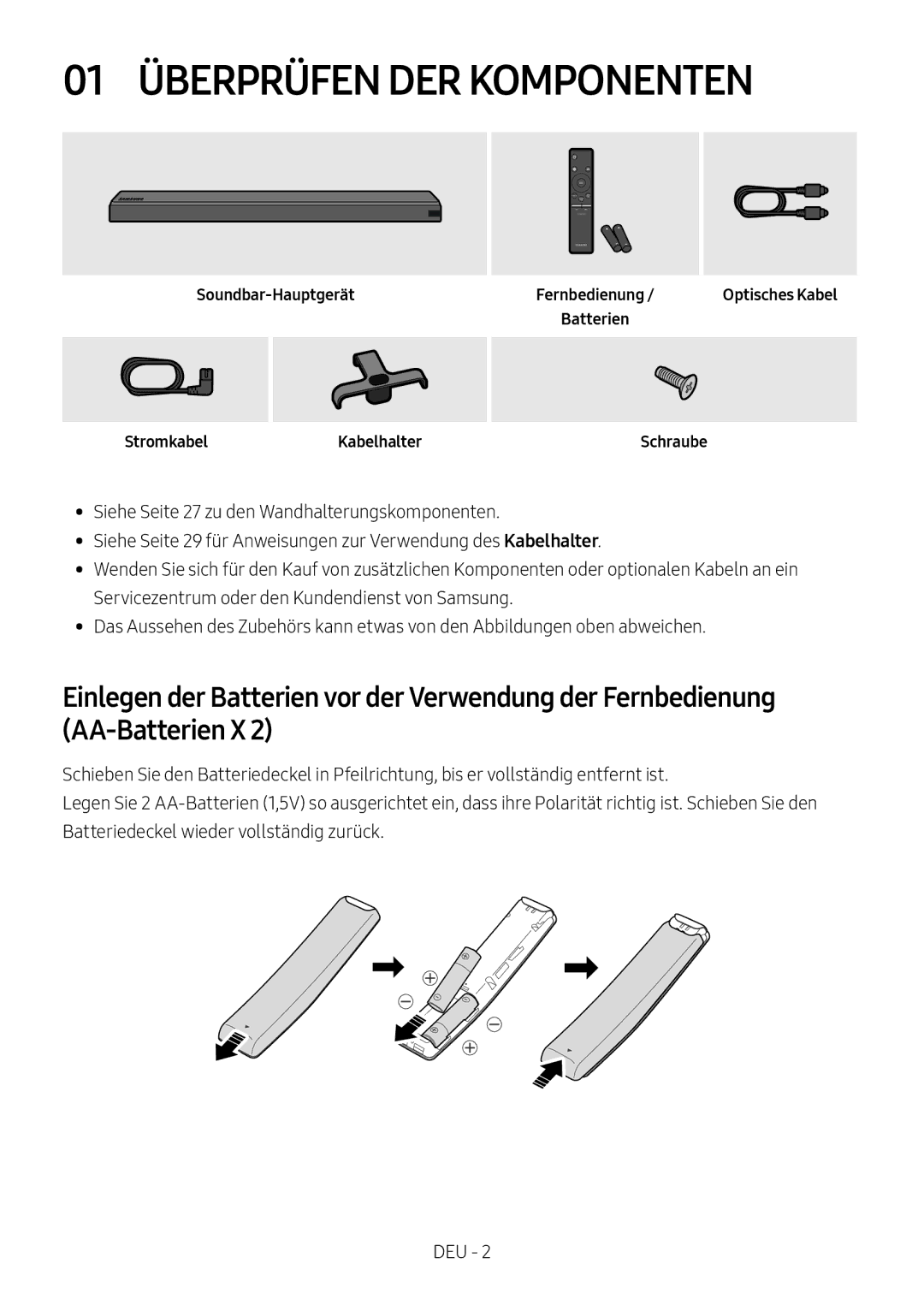 Samsung HW-MS550/XN, HW-MS550/EN manual 01 Überprüfen DER Komponenten, Soundbar-Hauptgerät StromkabelKabelhalter, Schraube 