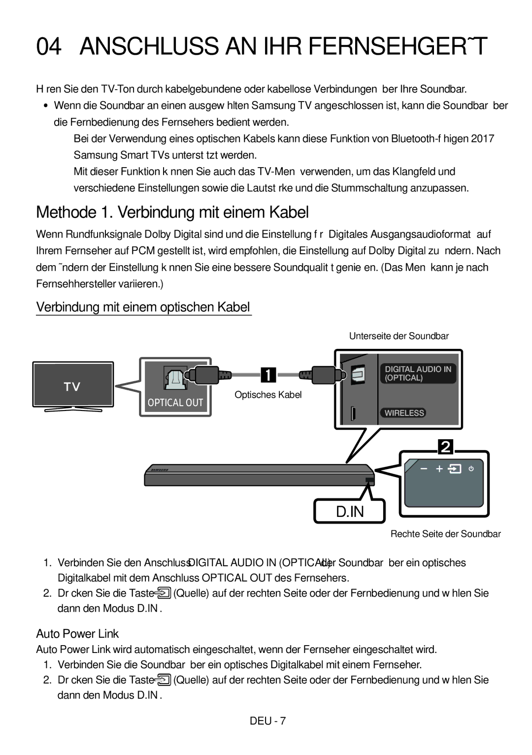 Samsung HW-MS550/EN, HW-MS550/XN Anschluss AN IHR Fernsehgerät, Methode 1. Verbindung mit einem Kabel, Optisches Kabel 