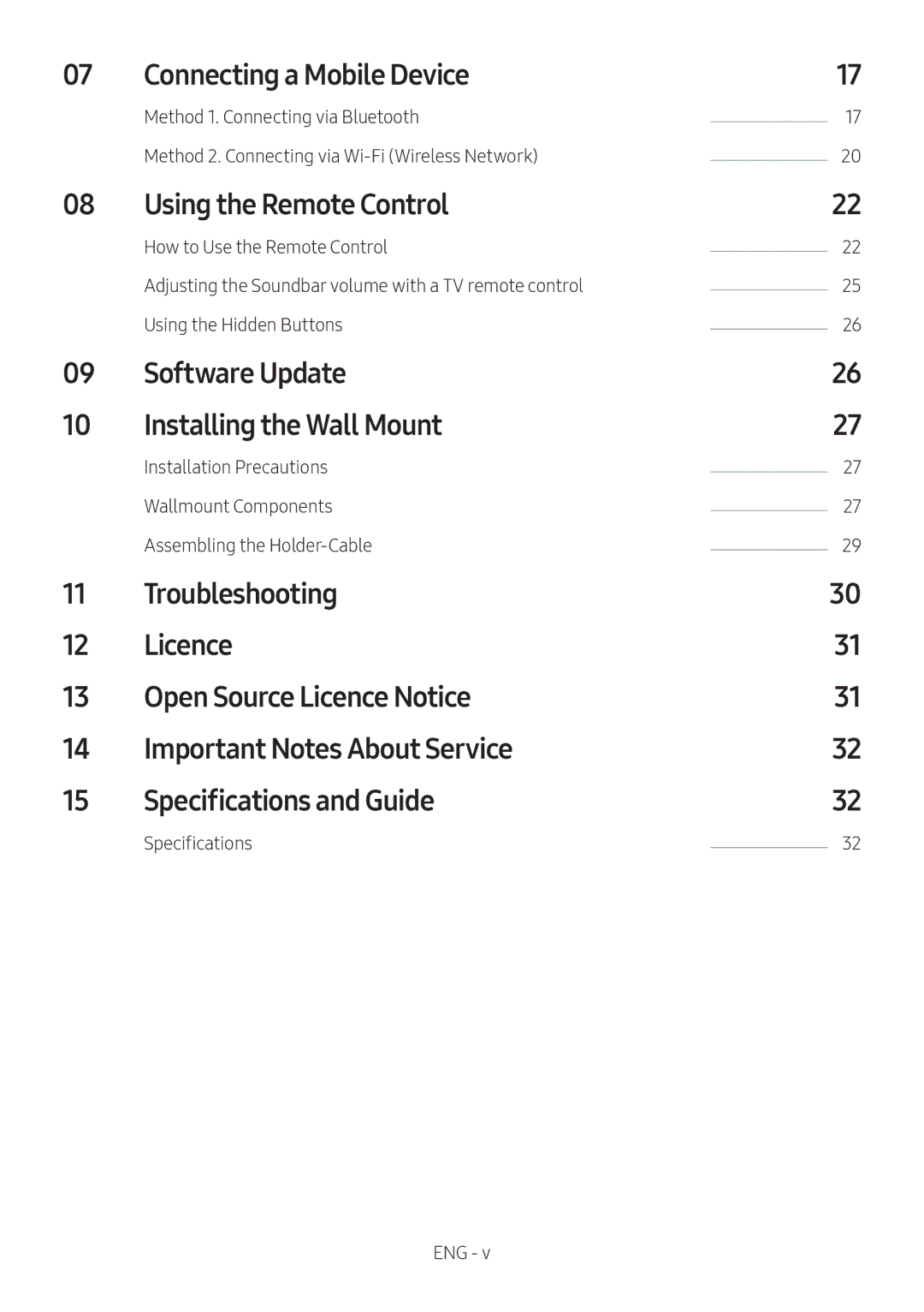 Samsung HW-MS550/XN manual Connecting a Mobile Device, Using the Remote Control, Software Update Installing the Wall Mount 