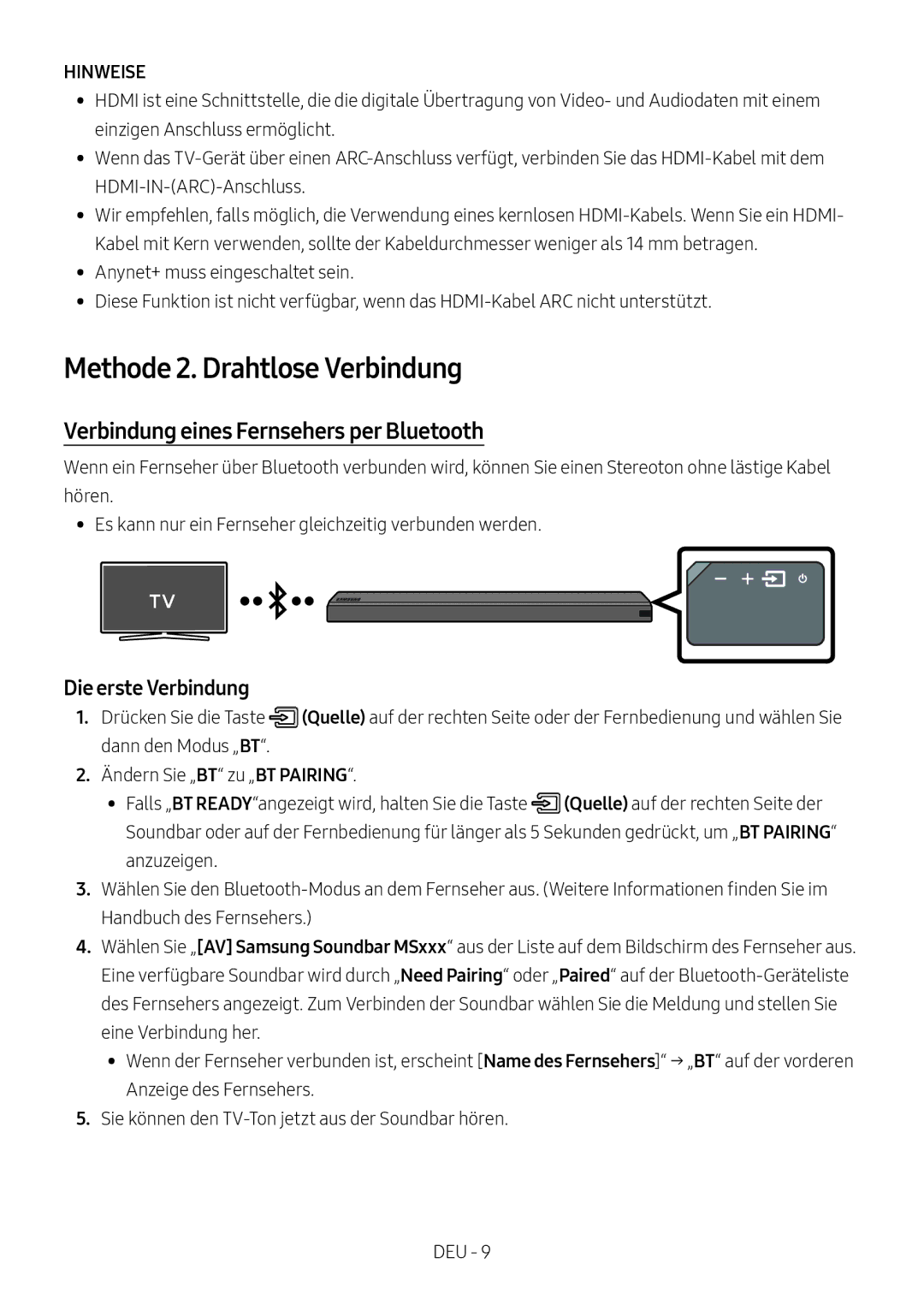 Samsung HW-MS550/EN manual Methode 2. Drahtlose Verbindung, Verbindung eines Fernsehers per Bluetooth, Die erste Verbindung 