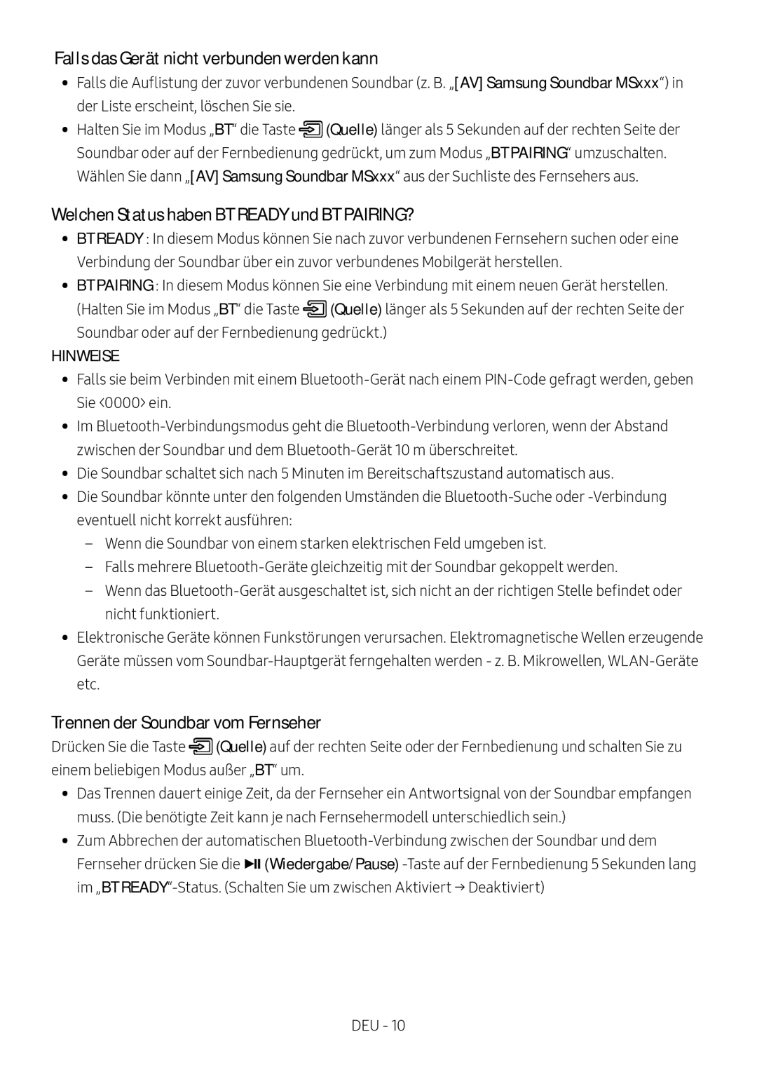 Samsung HW-MS550/XN manual Falls das Gerät nicht verbunden werden kann, Welchen Status haben BT Ready und BT PAIRING? 