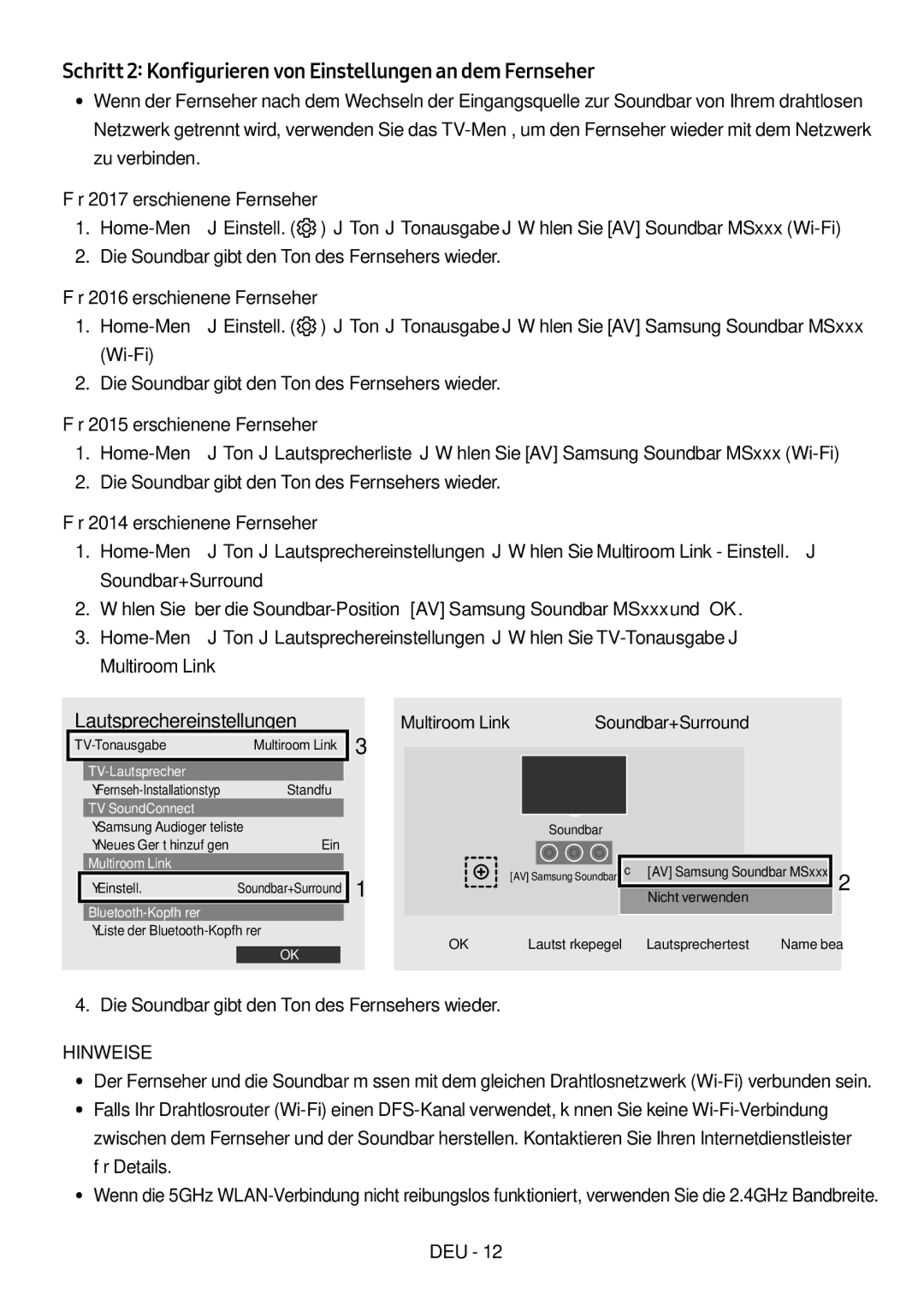 Samsung HW-MS550/XN, HW-MS550/EN Schritt 2 Konfigurieren von Einstellungen an dem Fernseher, Lautsprechereinstellungen 