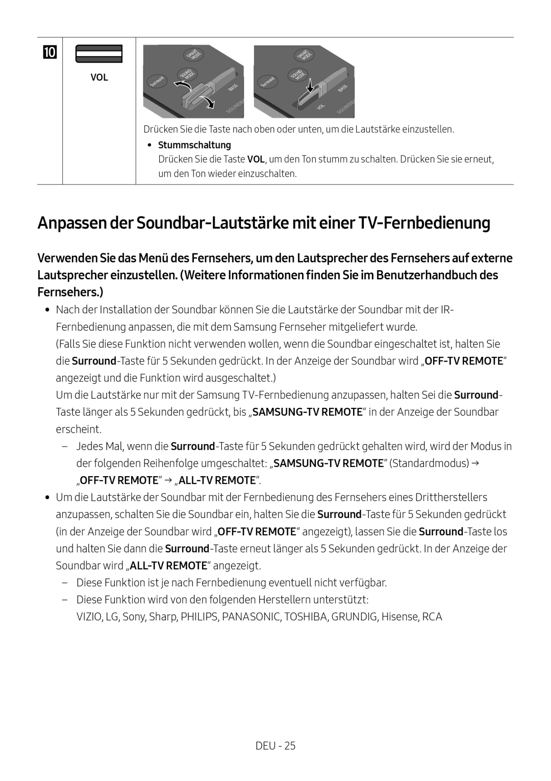 Samsung HW-MS550/EN manual Anpassen der Soundbar-Lautstärke mit einer TV-Fernbedienung, „OFF-TV Remote → „ALL-TV Remote 