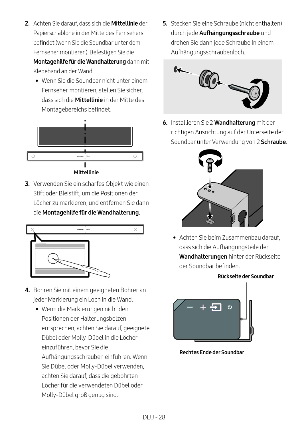 Samsung HW-MS550/XN, HW-MS550/EN manual Montagebereichs befindet, Rückseite der Soundbar Rechtes Ende der Soundbar 