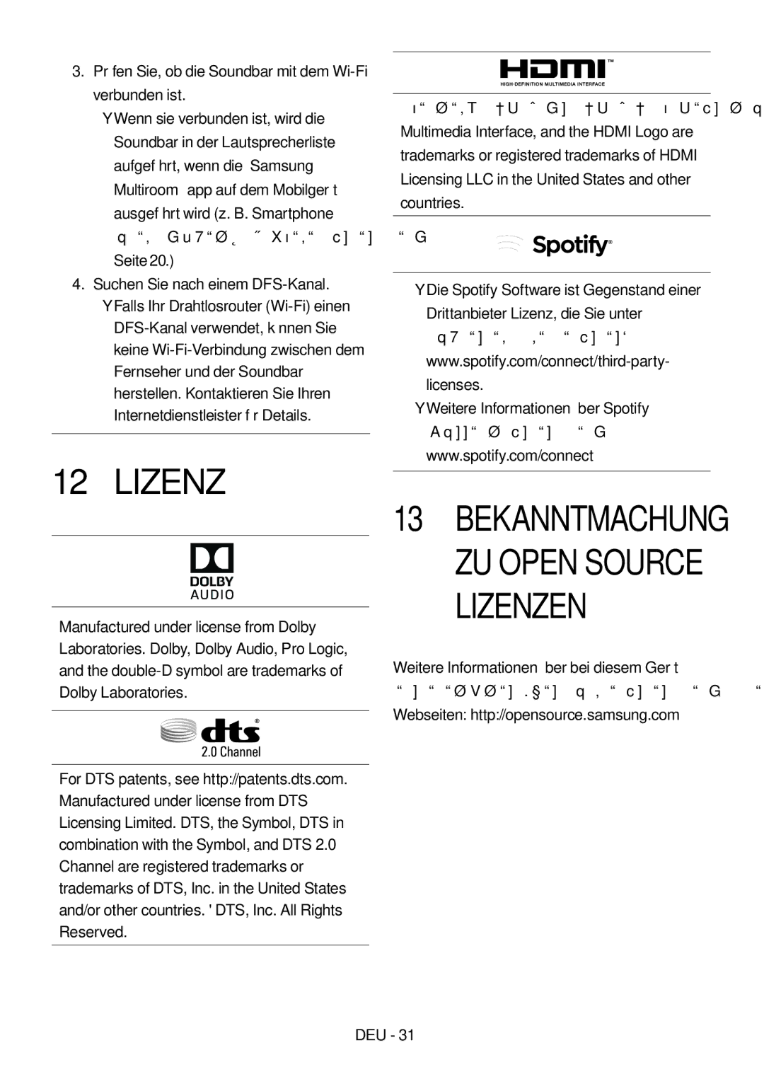 Samsung HW-MS550/EN, HW-MS550/XN manual Lizenz, Prüfen Sie, ob die Soundbar mit dem Wi-Fi verbunden ist 