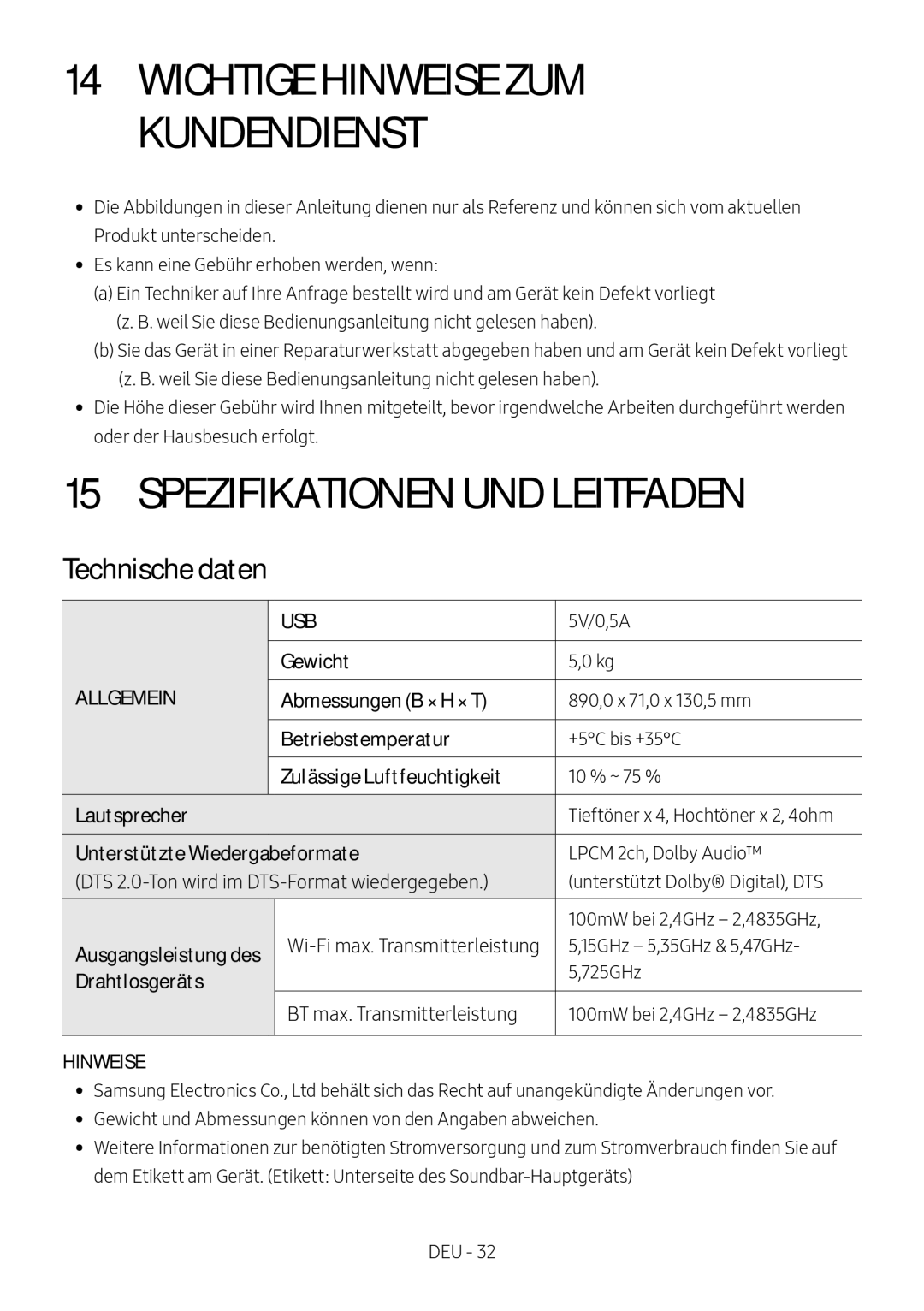 Samsung HW-MS550/XN, HW-MS550/EN manual Wichtige Hinweise ZUM Kundendienst, Spezifikationen UND Leitfaden, Technische daten 