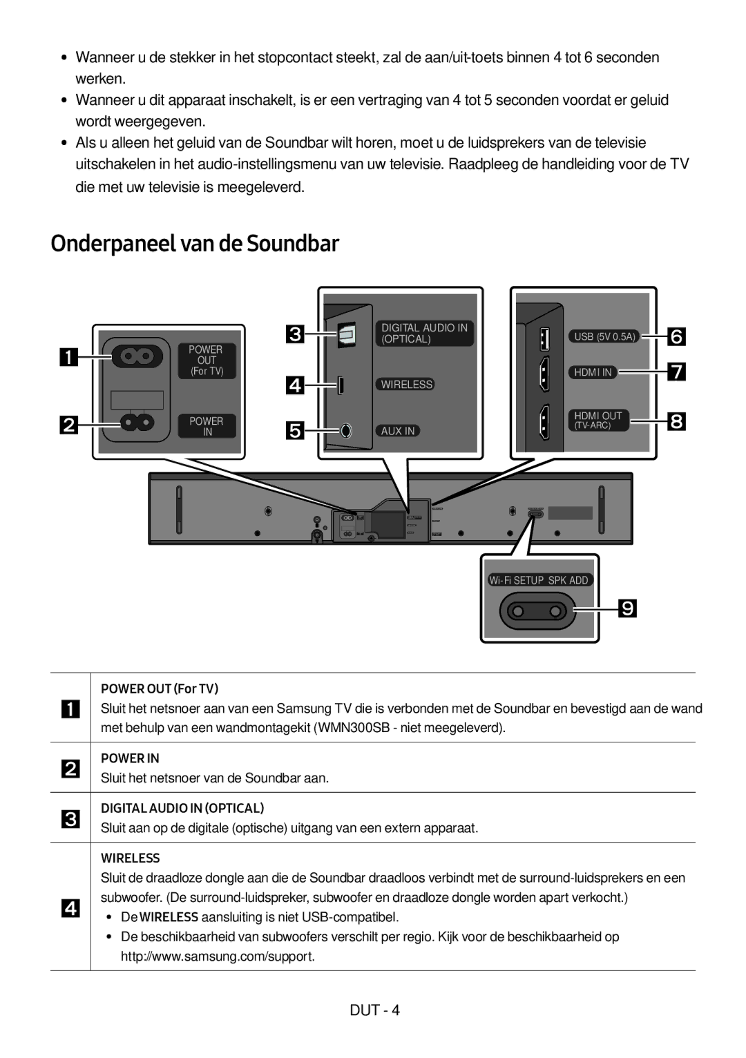 Samsung HW-MS550/EN, HW-MS550/XN manual Onderpaneel van de Soundbar,  Sluit het netsnoer van de Soundbar aan 