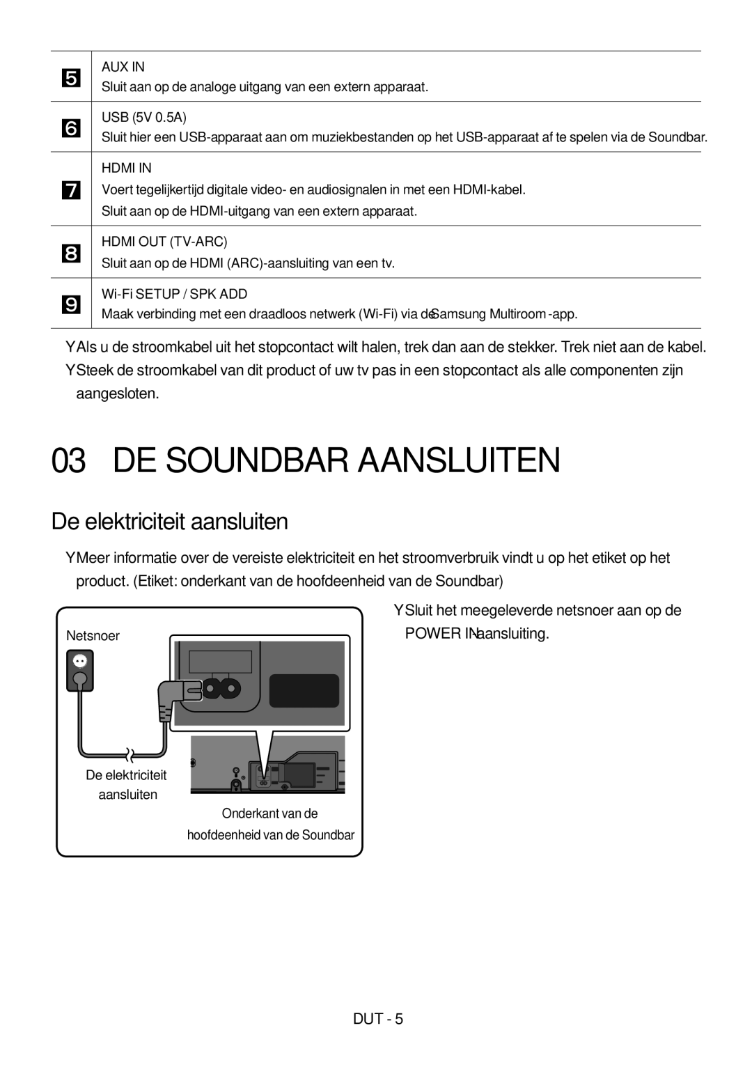 Samsung HW-MS550/XN, HW-MS550/EN manual DE Soundbar Aansluiten, De elektriciteit aansluiten, Netsnoer 