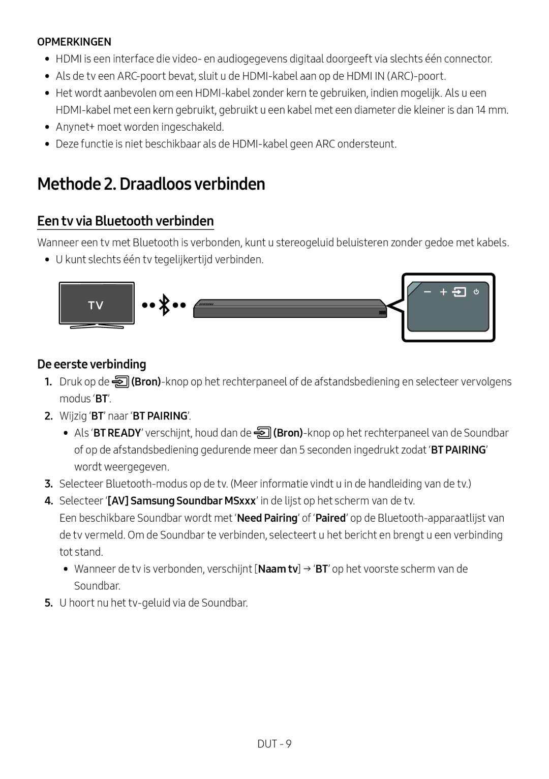 Samsung HW-MS550/XN Methode 2. Draadloos verbinden, Een tv via Bluetooth verbinden, De eerste verbinding, Opmerkingen 