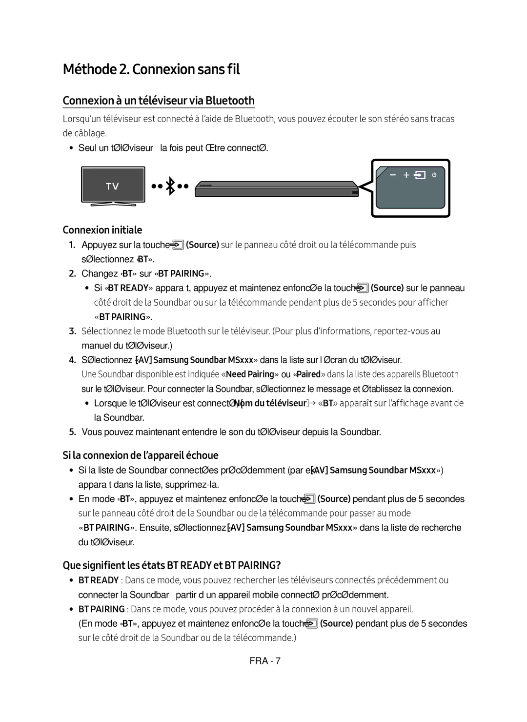 Samsung HW-MS550/XN manual Méthode 2. Connexion sans fil, Connexion à un téléviseur via Bluetooth, Connexion initiale 