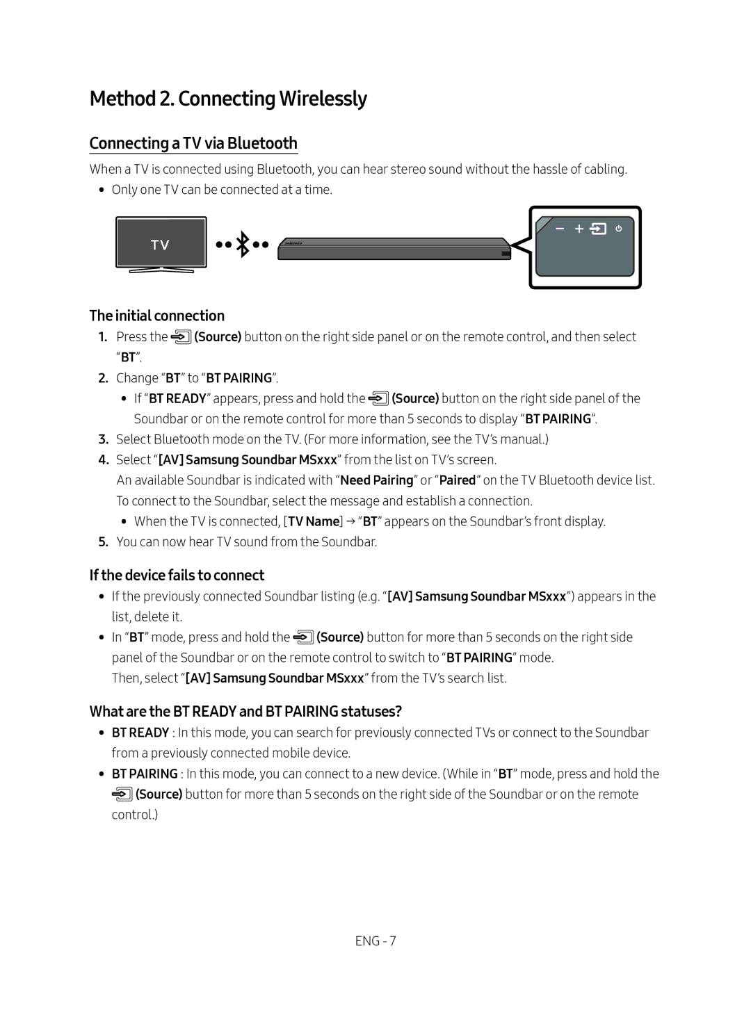 Samsung HW-MS550/XN, HW-MS550/EN manual Method 2. Connecting Wirelessly, Connecting a TV via Bluetooth, Initial connection 