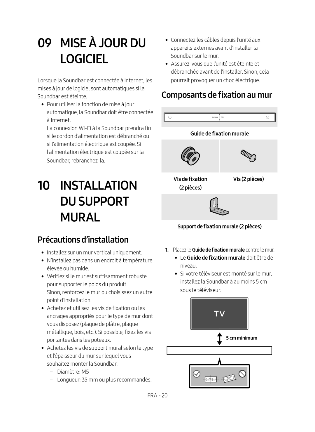 Samsung HW-MS550/EN, HW-MS550/XN Mise à jour du Logiciel, Installation du Support Mural, Composants de fixation au mur 