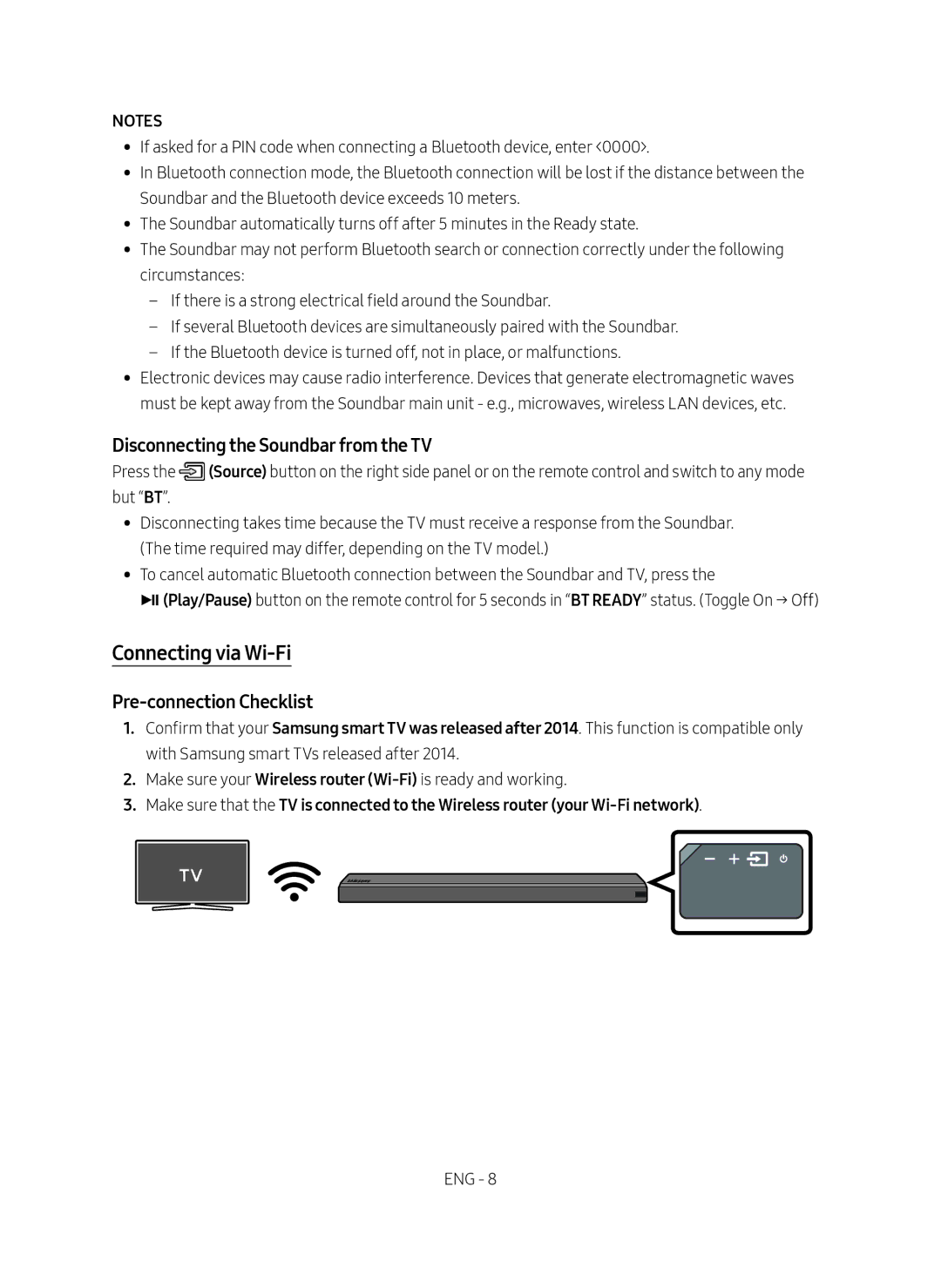 Samsung HW-MS550/EN, HW-MS550/XN Connecting via Wi-Fi, Disconnecting the Soundbar from the TV, Pre-connection Checklist 