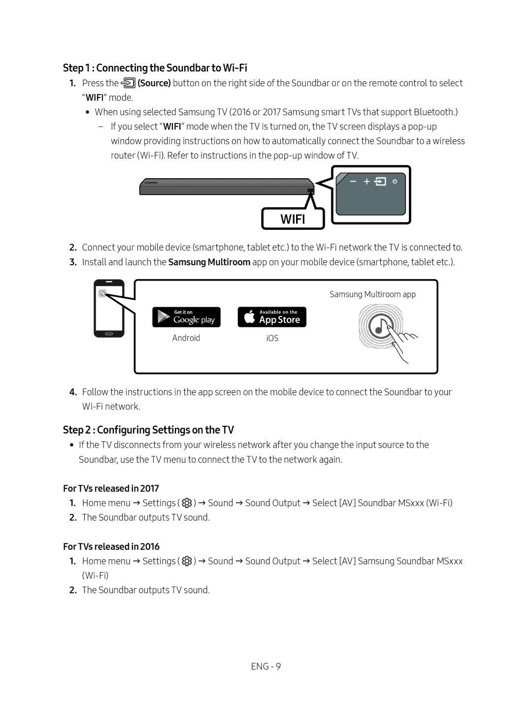 Samsung HW-MS550/XN, HW-MS550/EN manual Connecting the Soundbar to Wi-Fi, Configuring Settings on the TV, For TVs released 