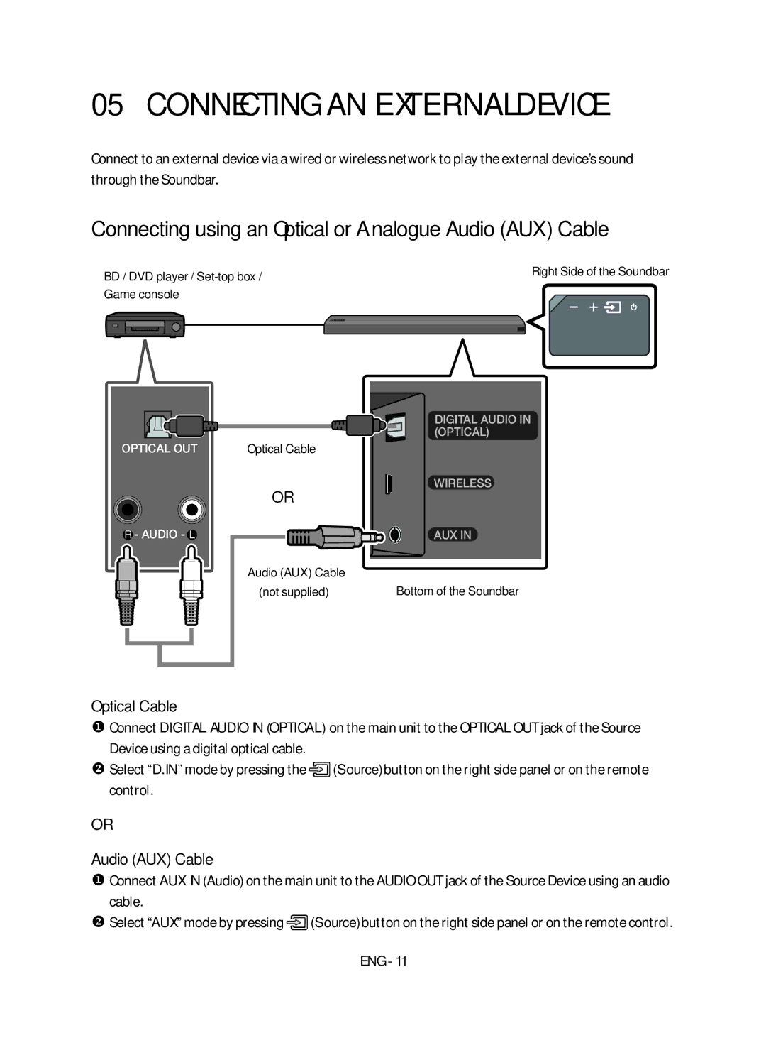 Samsung HW-MS550/XN Connecting an External Device, Connecting using an Optical or Analogue Audio AUX Cable, Optical Cable 