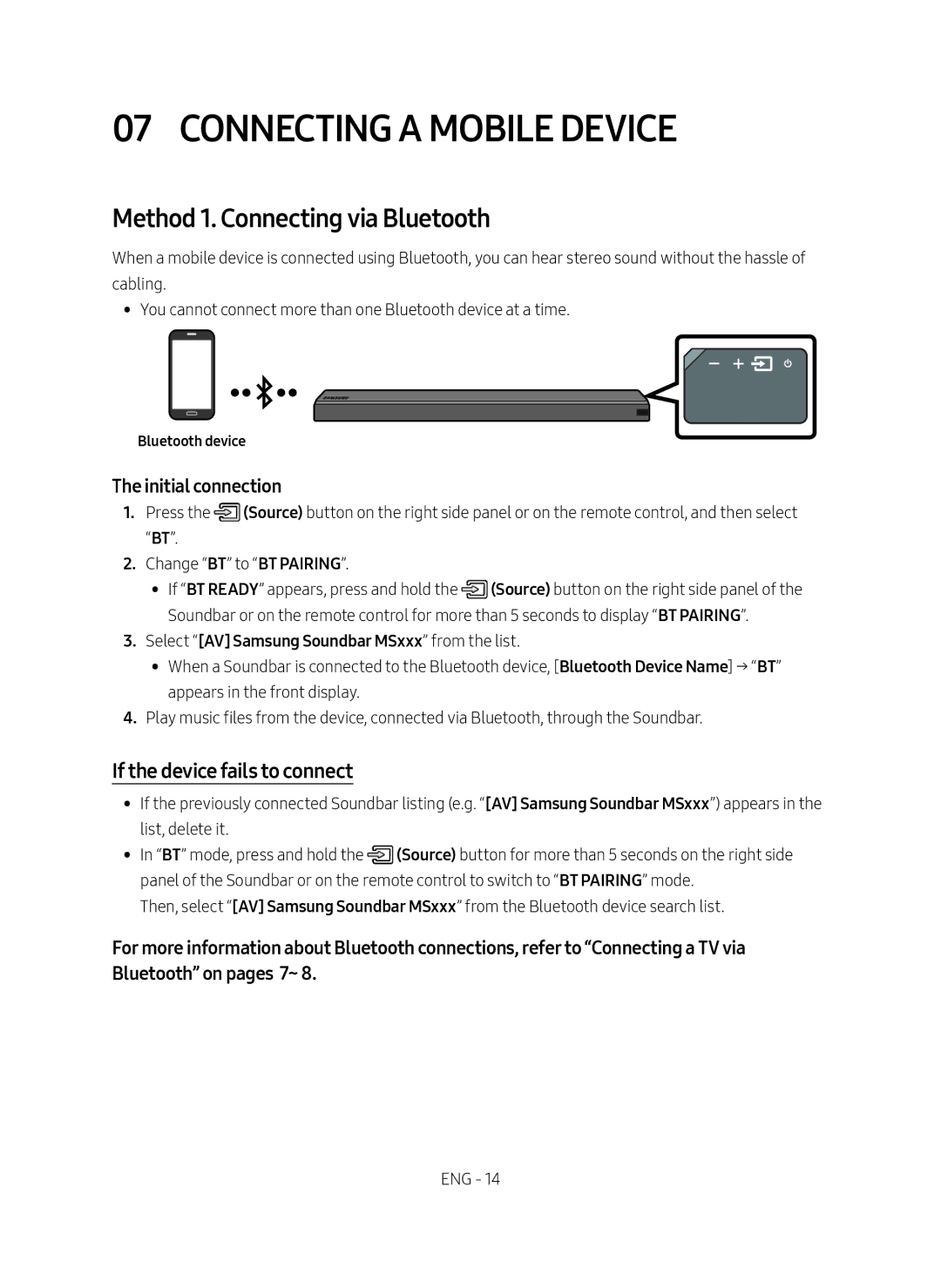 Samsung HW-MS550/EN manual Connecting a Mobile Device, Method 1. Connecting via Bluetooth, If the device fails to connect 