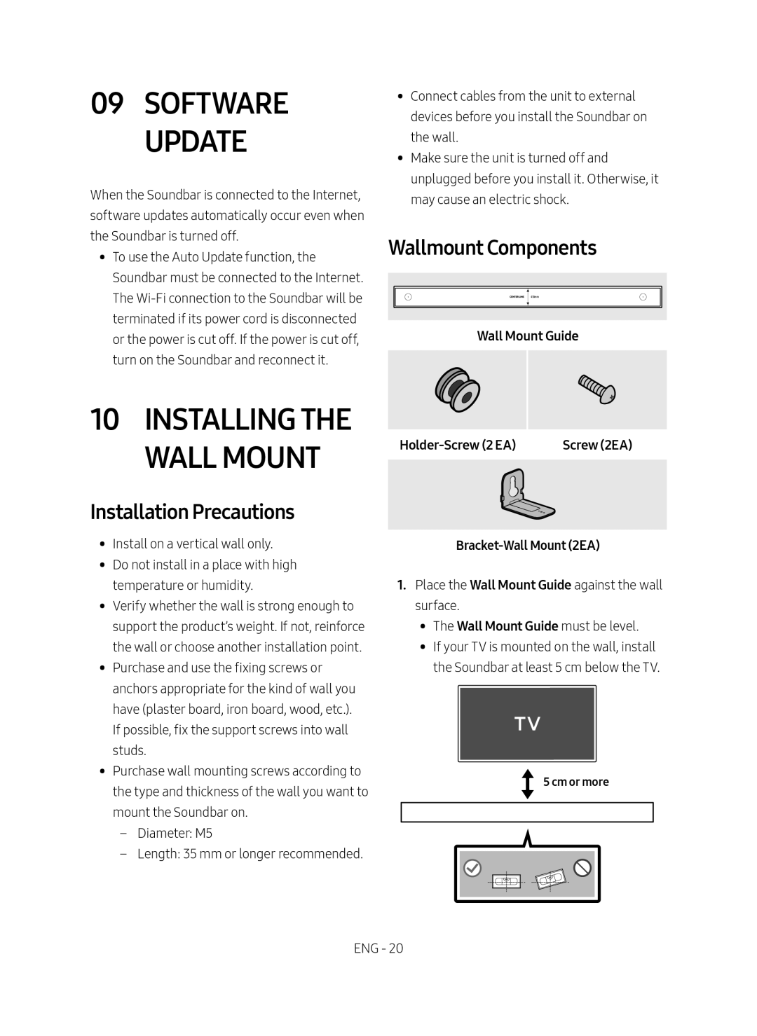 Samsung HW-MS550/EN manual Software Update, Installing the Wall Mount, Installation Precautions, Wallmount Components 