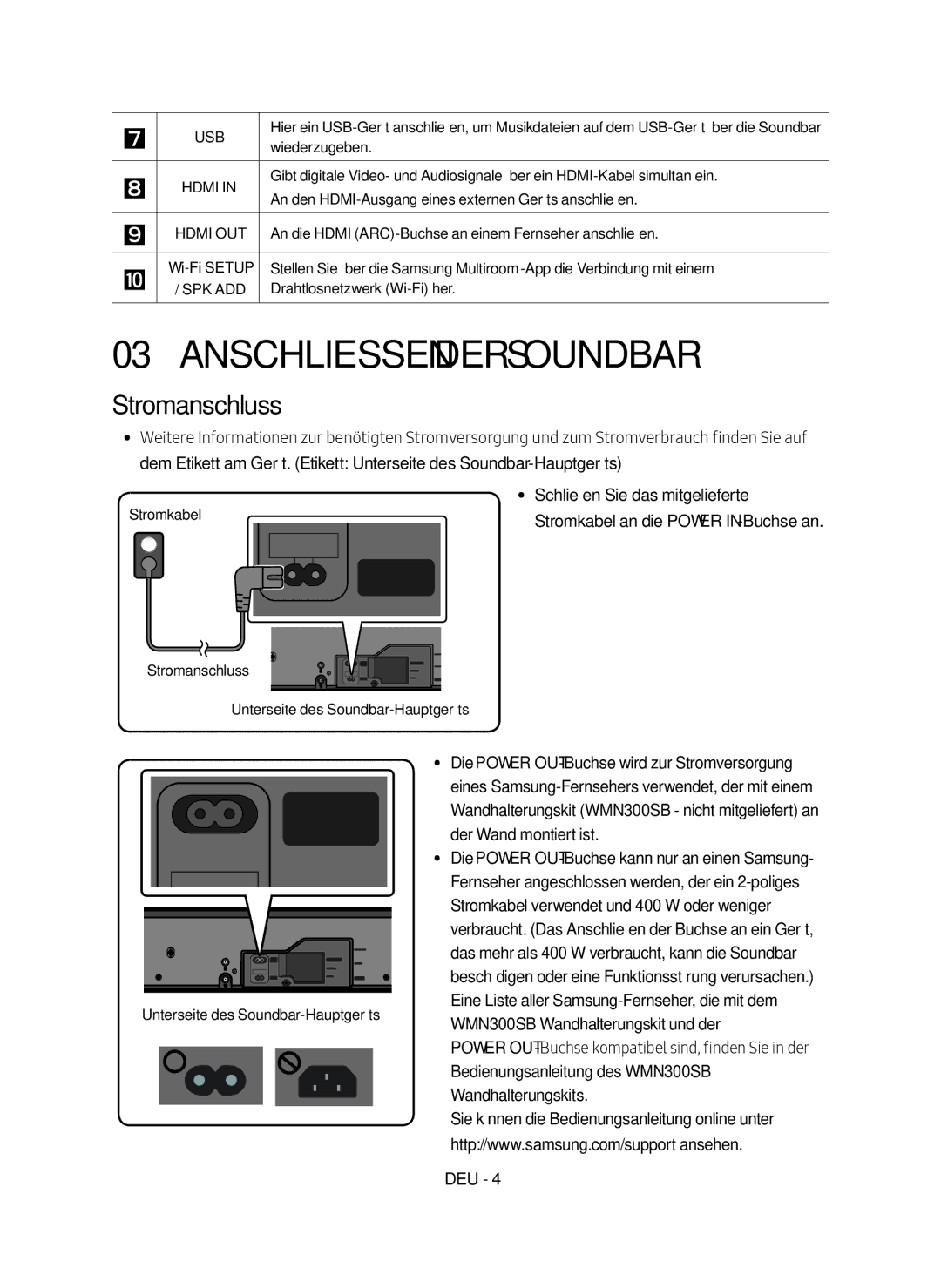 Samsung HW-MS550/EN, HW-MS550/XN manual Anschliessen der Soundbar, Stromanschluss 