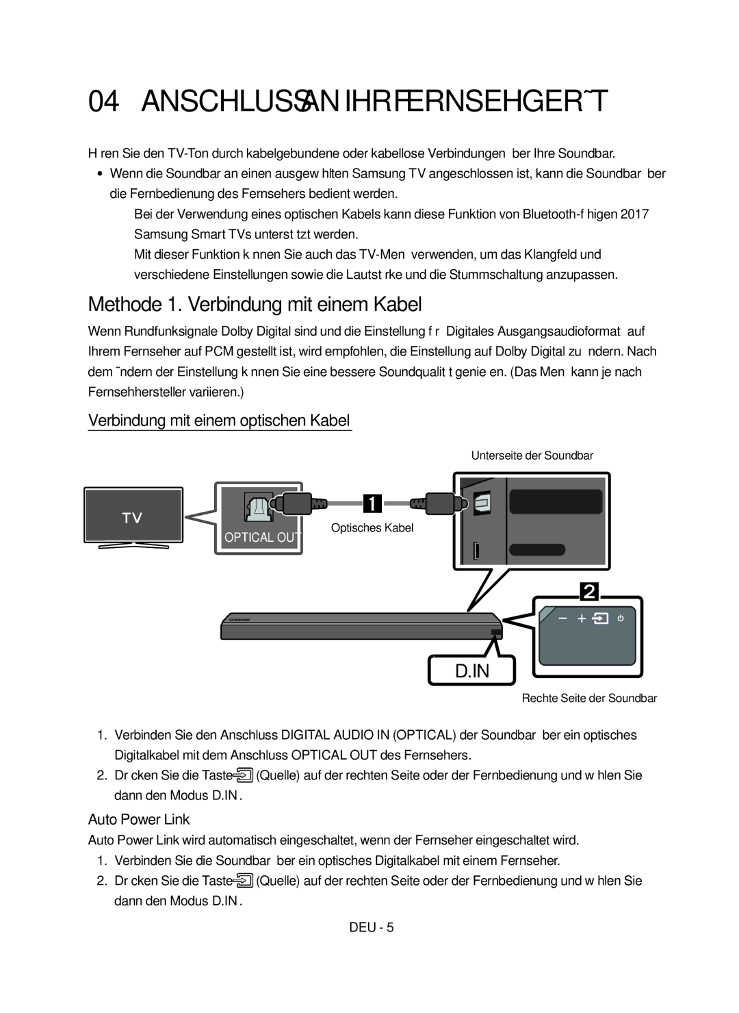 Samsung HW-MS550/XN, HW-MS550/EN manual Anschluss an ihr Fernsehgerät, Methode 1. Verbindung mit einem Kabel 