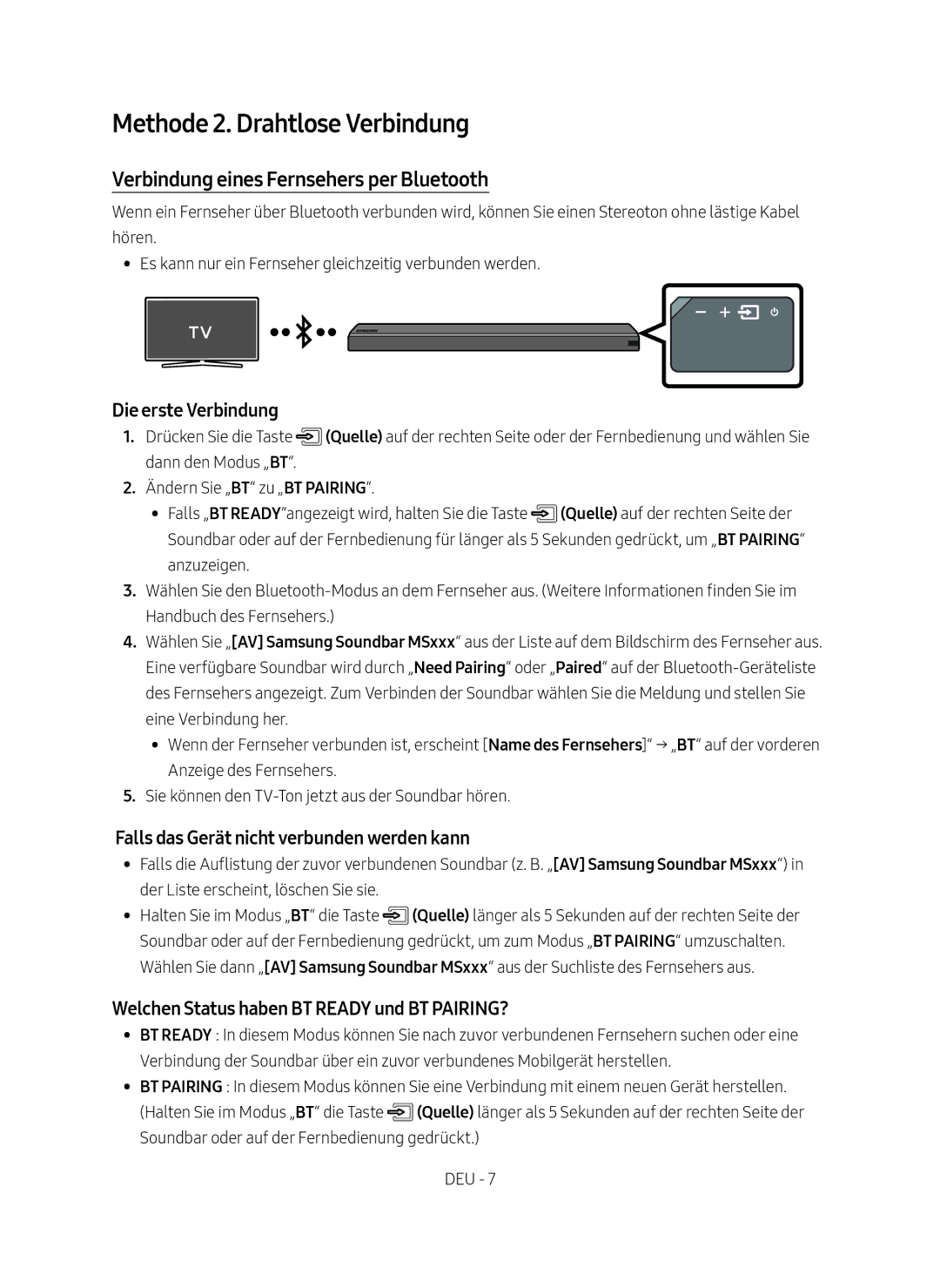 Samsung HW-MS550/XN manual Methode 2. Drahtlose Verbindung, Verbindung eines Fernsehers per Bluetooth, Die erste Verbindung 