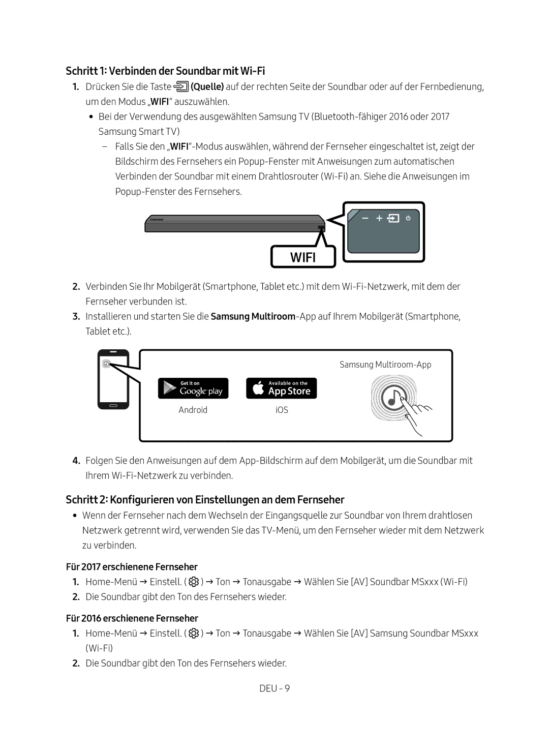 Samsung HW-MS550/XN Schritt 1 Verbinden der Soundbar mit Wi-Fi, Schritt 2 Konfigurieren von Einstellungen an dem Fernseher 